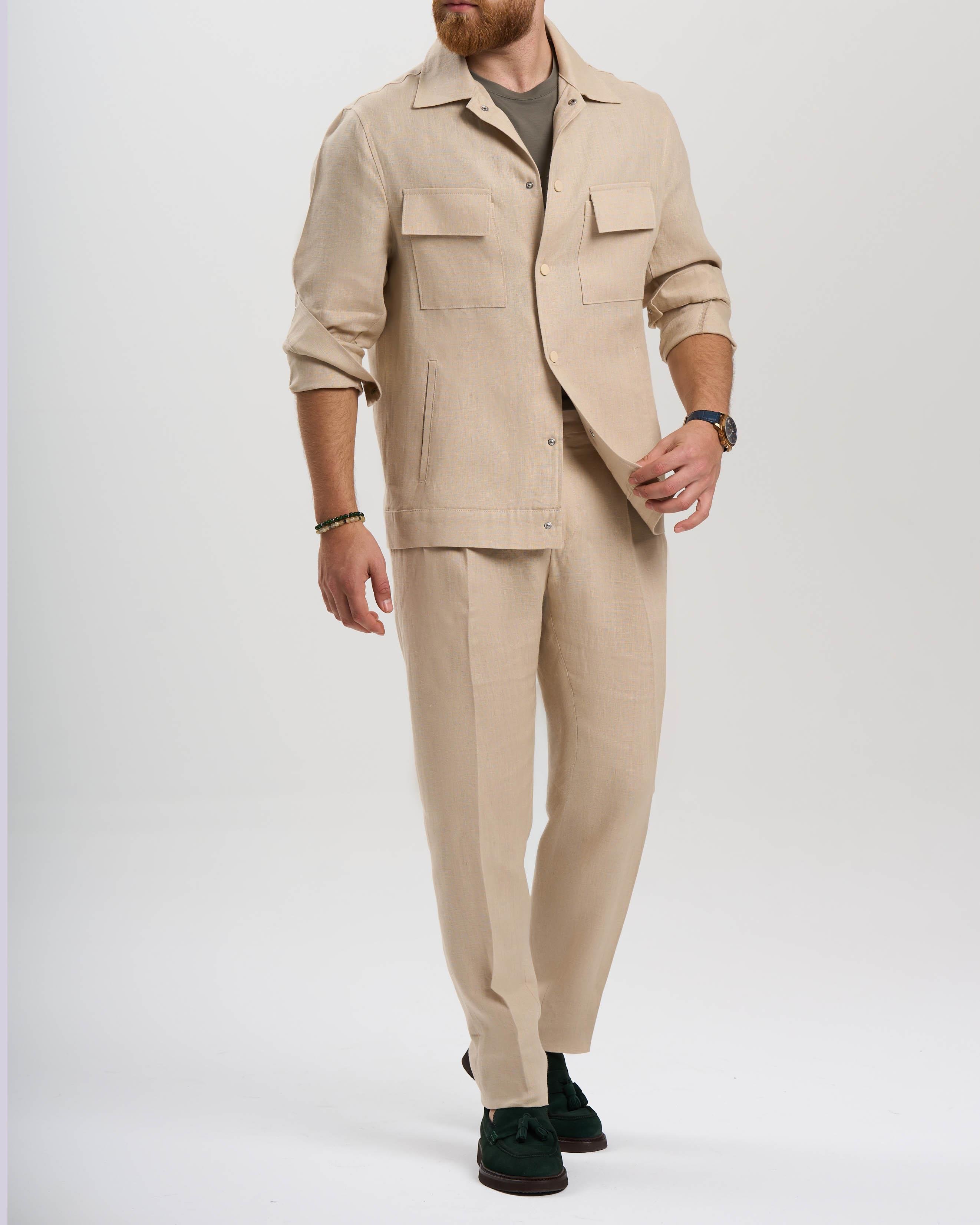 İtalyan stil slim fit keten karışımlı pantolon bej T13624