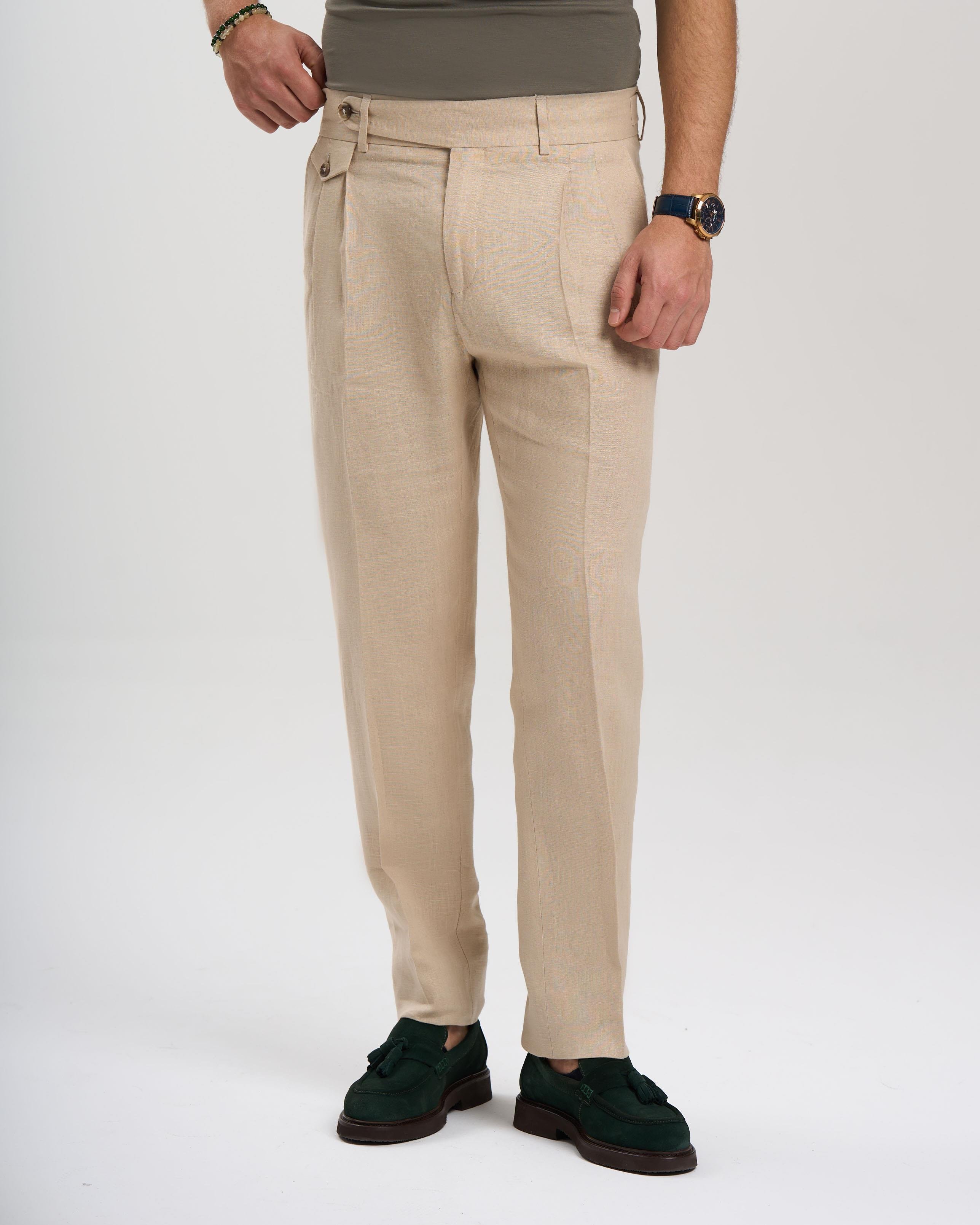 İtalyan stil slim fit keten karışımlı pantolon bej T13624