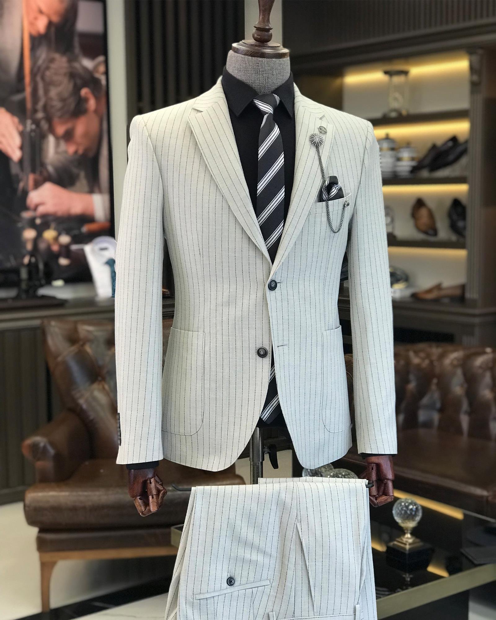 İtalyan stil slim fit keten karışımlı çizgili ceket pantolon takım elbise gri T9370