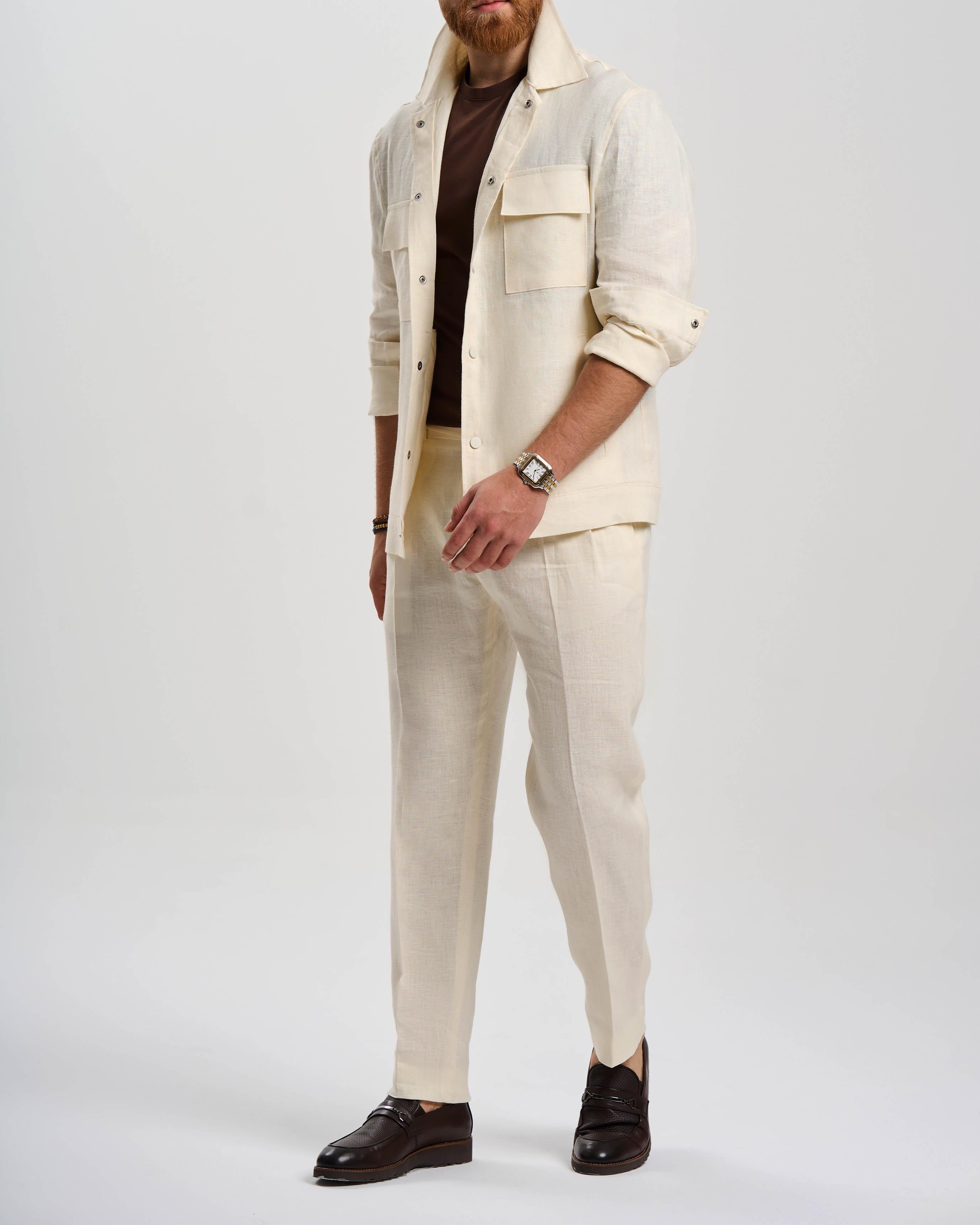 İtalyan stil slim fit keten karışımlı pantolon beyaz T13623