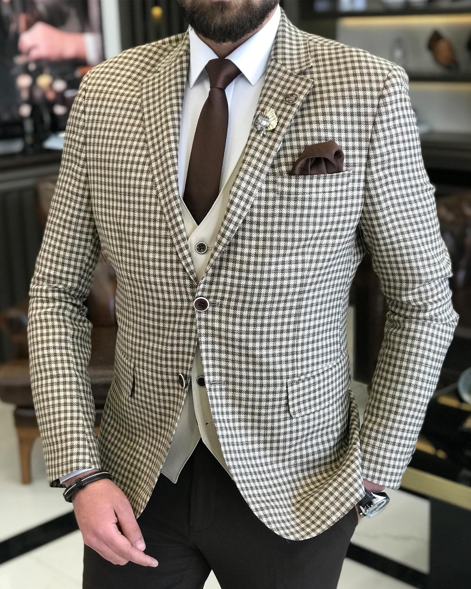 İtalyan stil slim fit keten karışımlı kareli ceket yelek pantolon takım elbise camel T9354