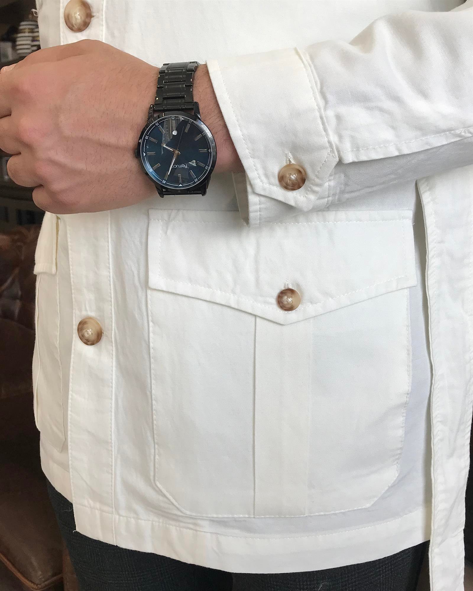 İtalyan stil slim fit keten pamuk karışımı gömlek yaka erkek trençkot ekru T9601