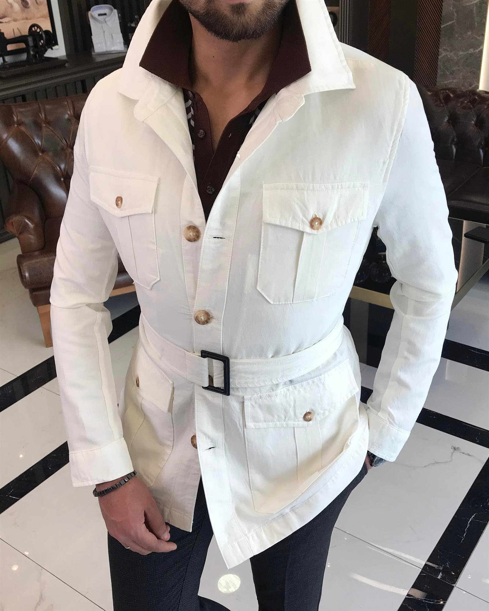 İtalyan stil slim fit keten pamuk karışımı gömlek yaka erkek trençkot ekru T9601
