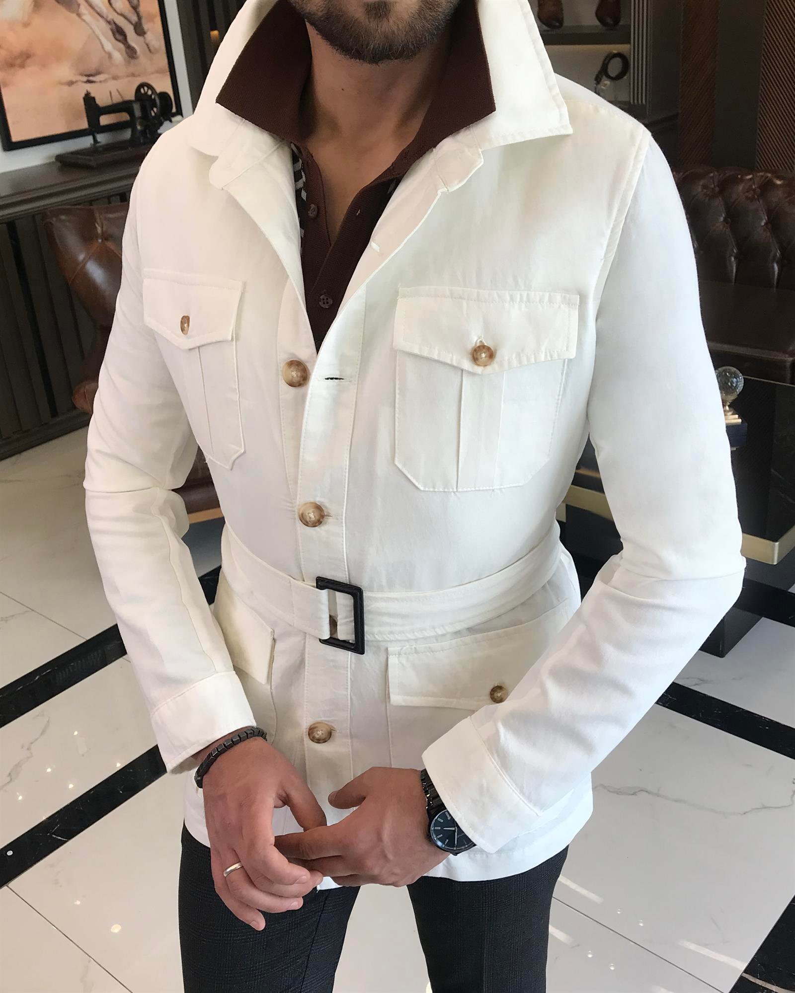 İtalyan stil slim fit keten pamuk karışımı gömlek yaka erkek trençkot ekru T9601
