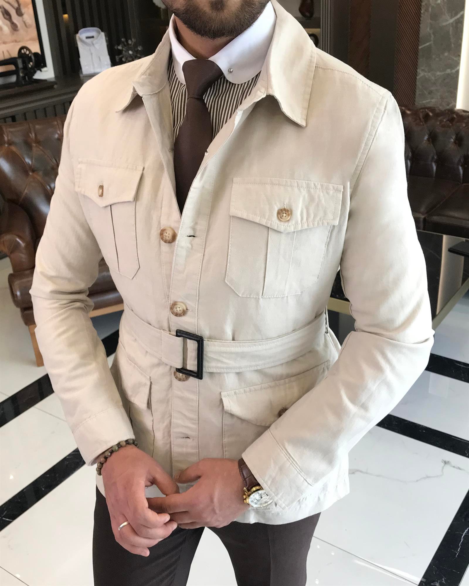 Italian style slim fit linen cotton blend shirt collar mens trench coat beige T9602