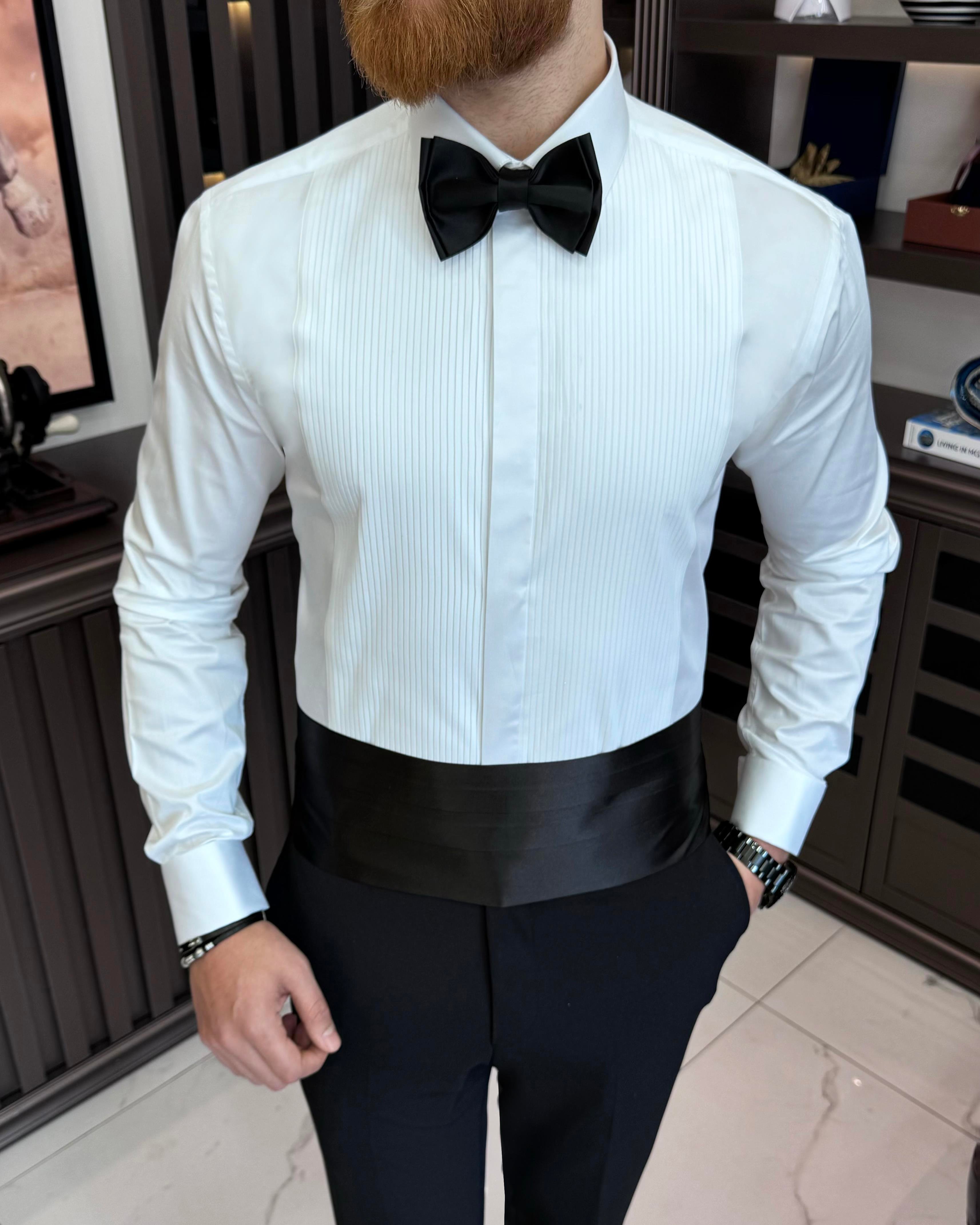İtalyan stil slim fit kravat yaka duble manşet erkek gömlek beyaz T11600