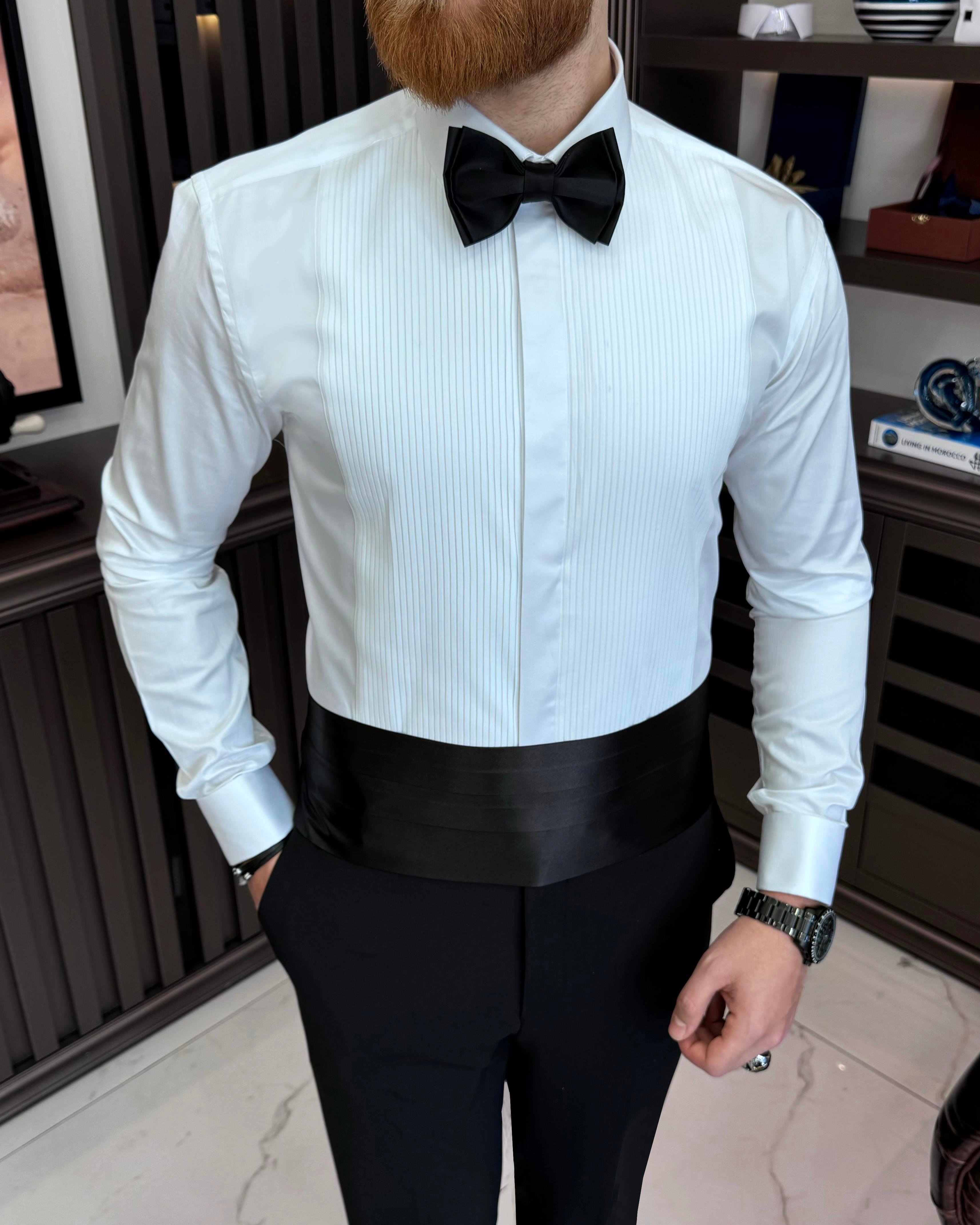 İtalyan stil slim fit kravat yaka duble manşet erkek gömlek beyaz T11600