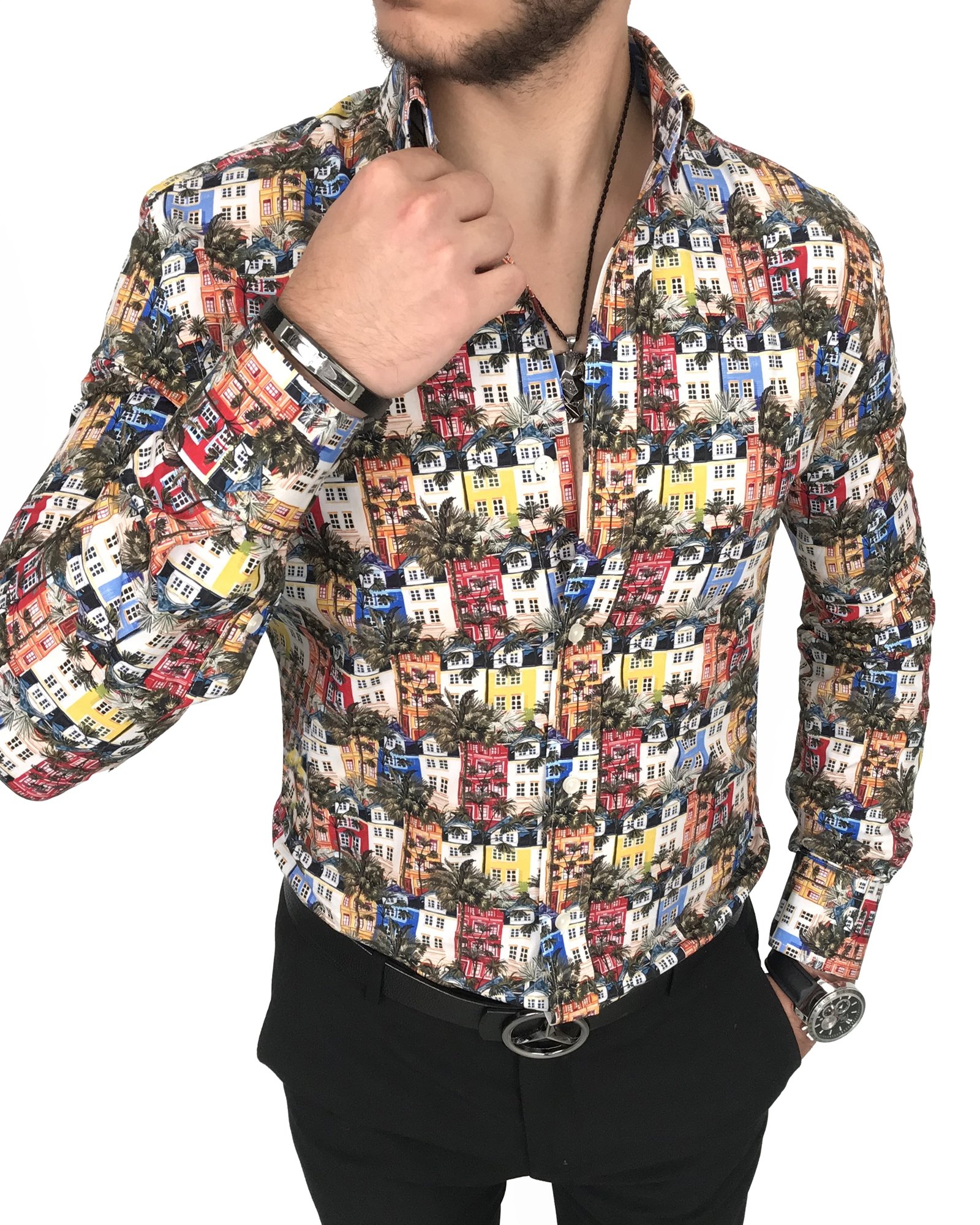 İtalyan stil slim fit kravat yaka erkek desenli pamuk gömlek Çok renkli T7888