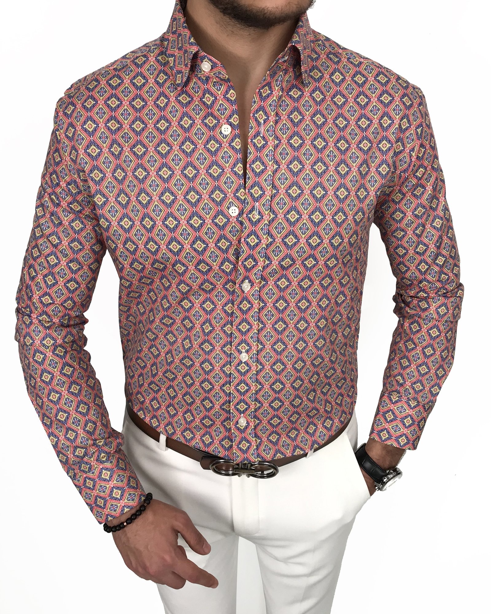 İtalyan stil slim fit kravat yaka erkek desenli pamuk gömlek Çok Renkli T7885