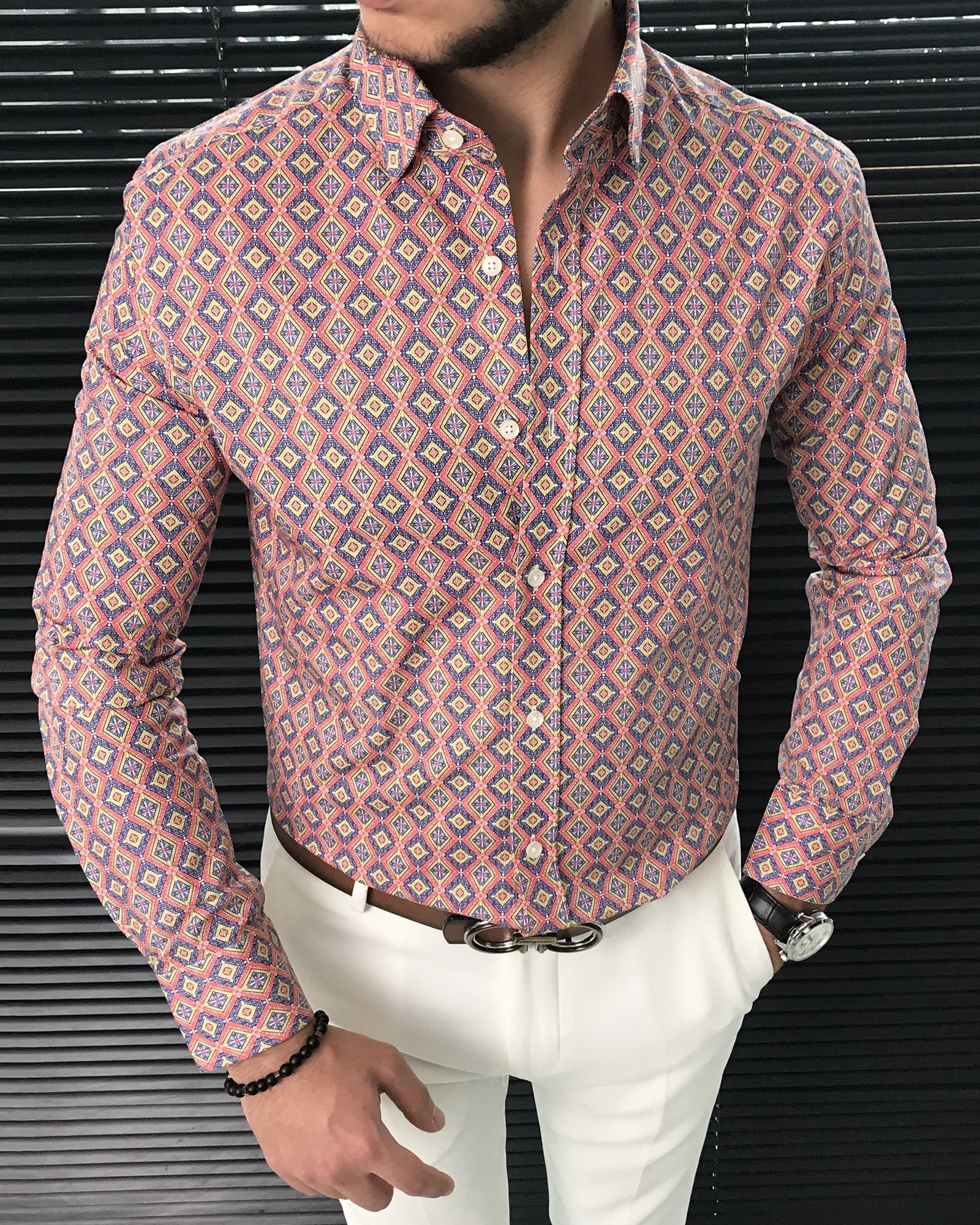 İtalyan stil slim fit kravat yaka erkek desenli pamuk gömlek Çok Renkli T7885