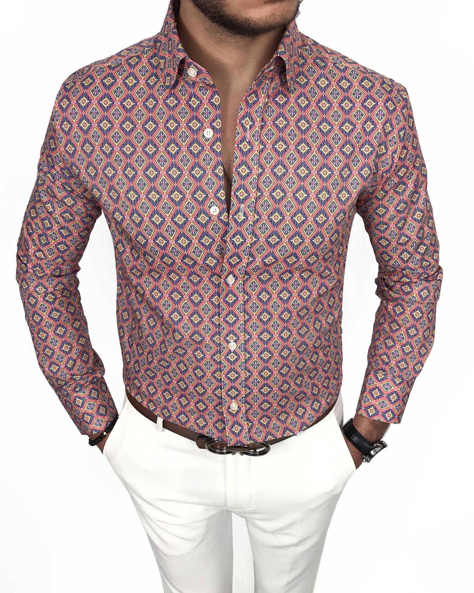 İtalyan stil slim fit kravat yaka erkek desenli pamuk gömlek Çok Renkli T7885