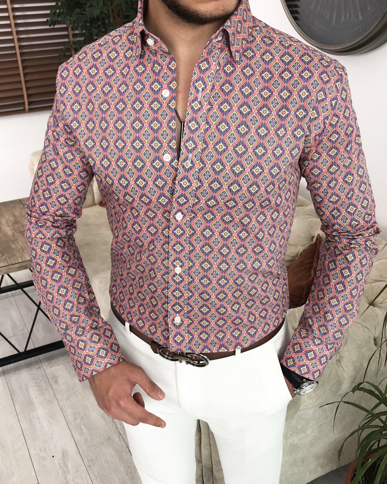 İtalyan stil slim fit kravat yaka erkek desenli pamuk gömlek Çok Renkli T7885