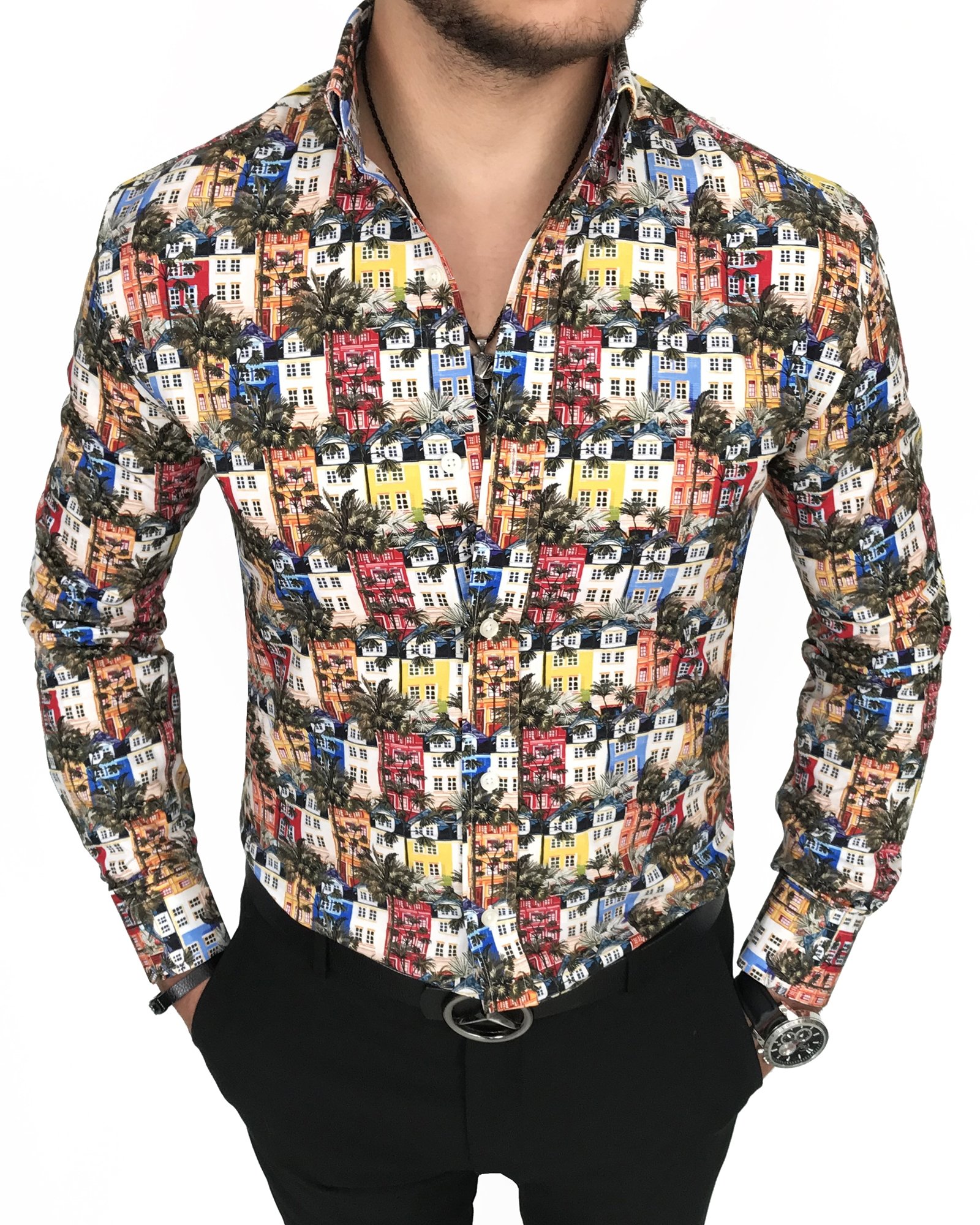 İtalyan stil slim fit kravat yaka erkek desenli pamuk gömlek Çok renkli T7888