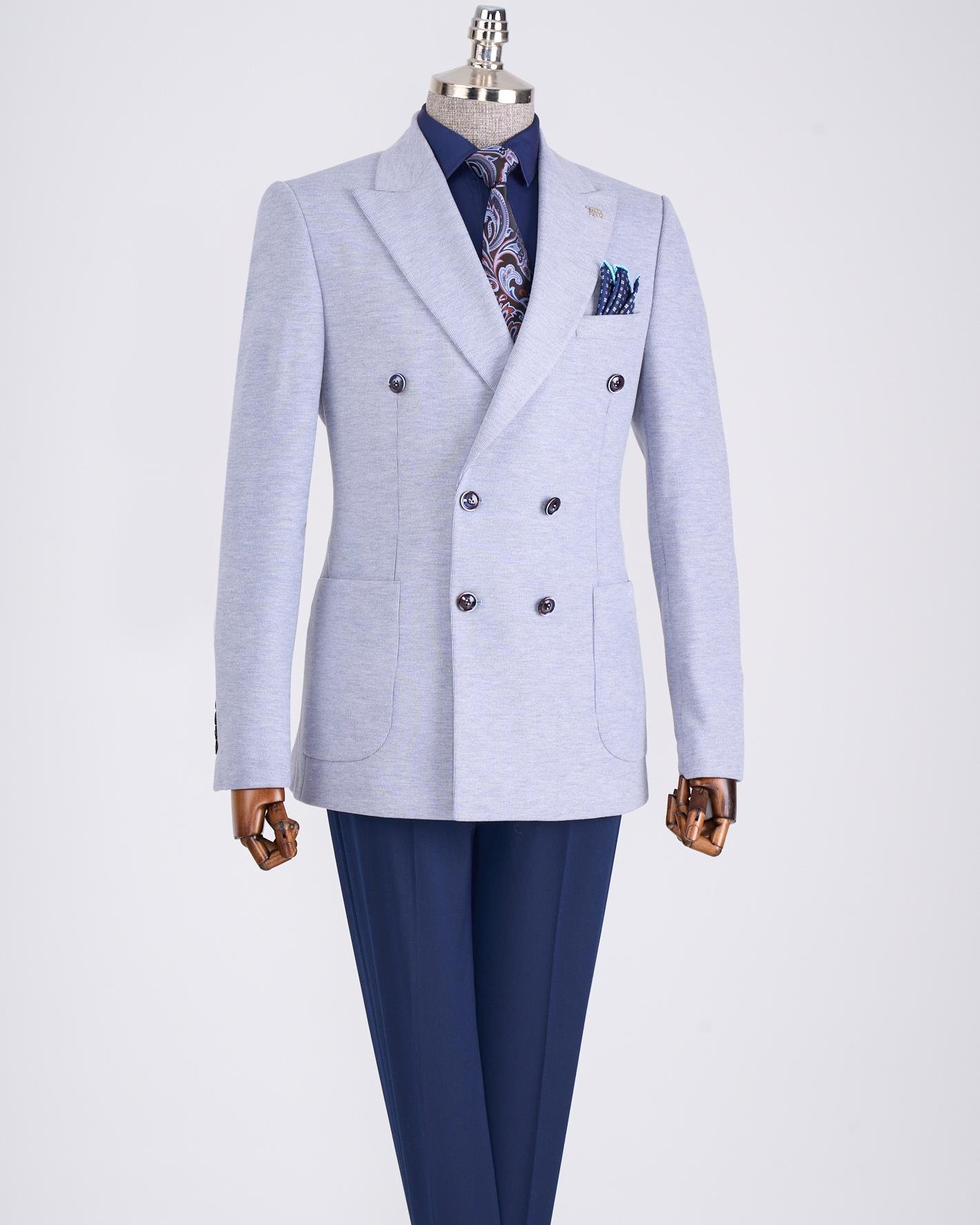 İtalyan stil slim fit kravuze erkek tek ceket mavi T13337
