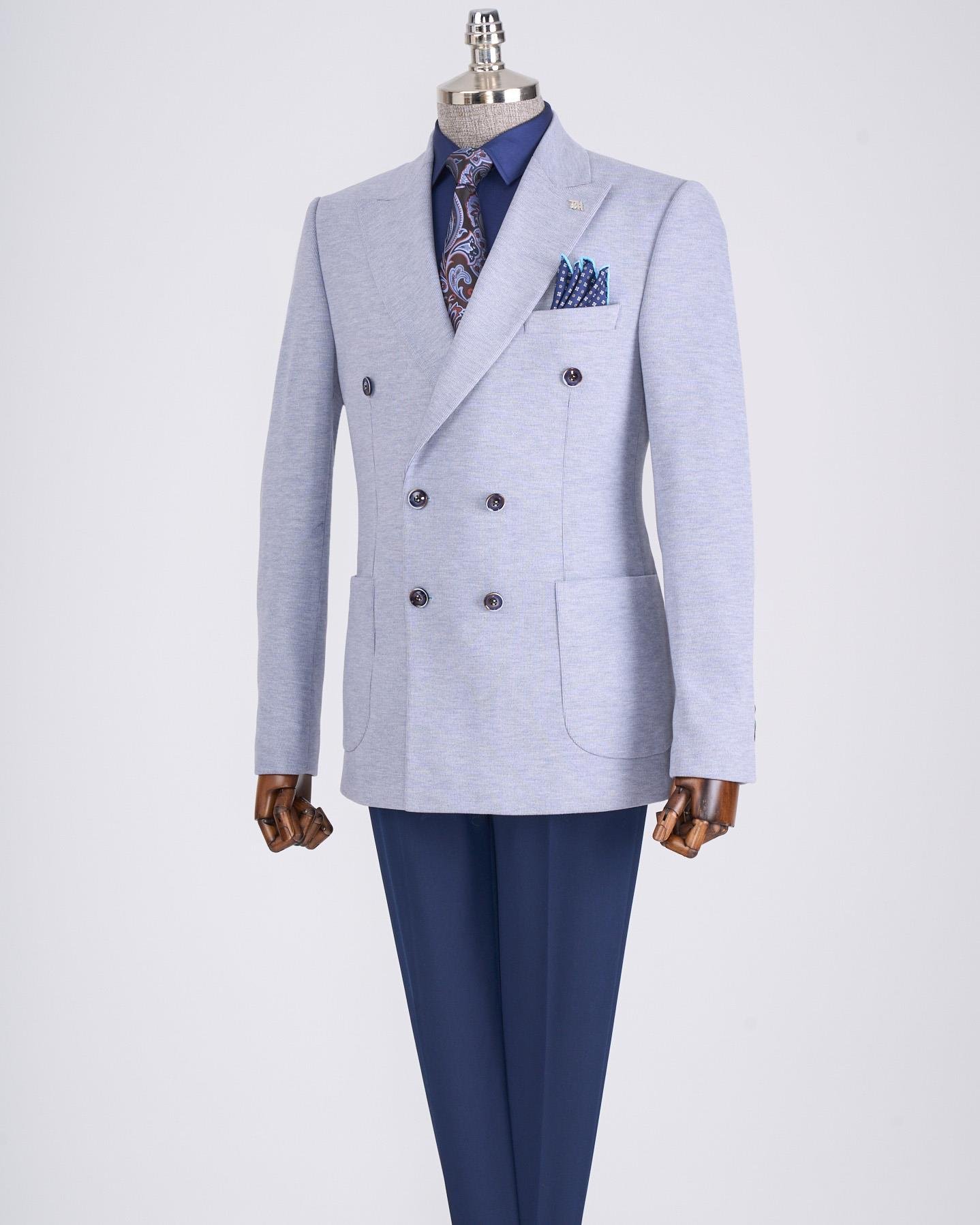 İtalyan stil slim fit kravuze erkek tek ceket mavi T13337
