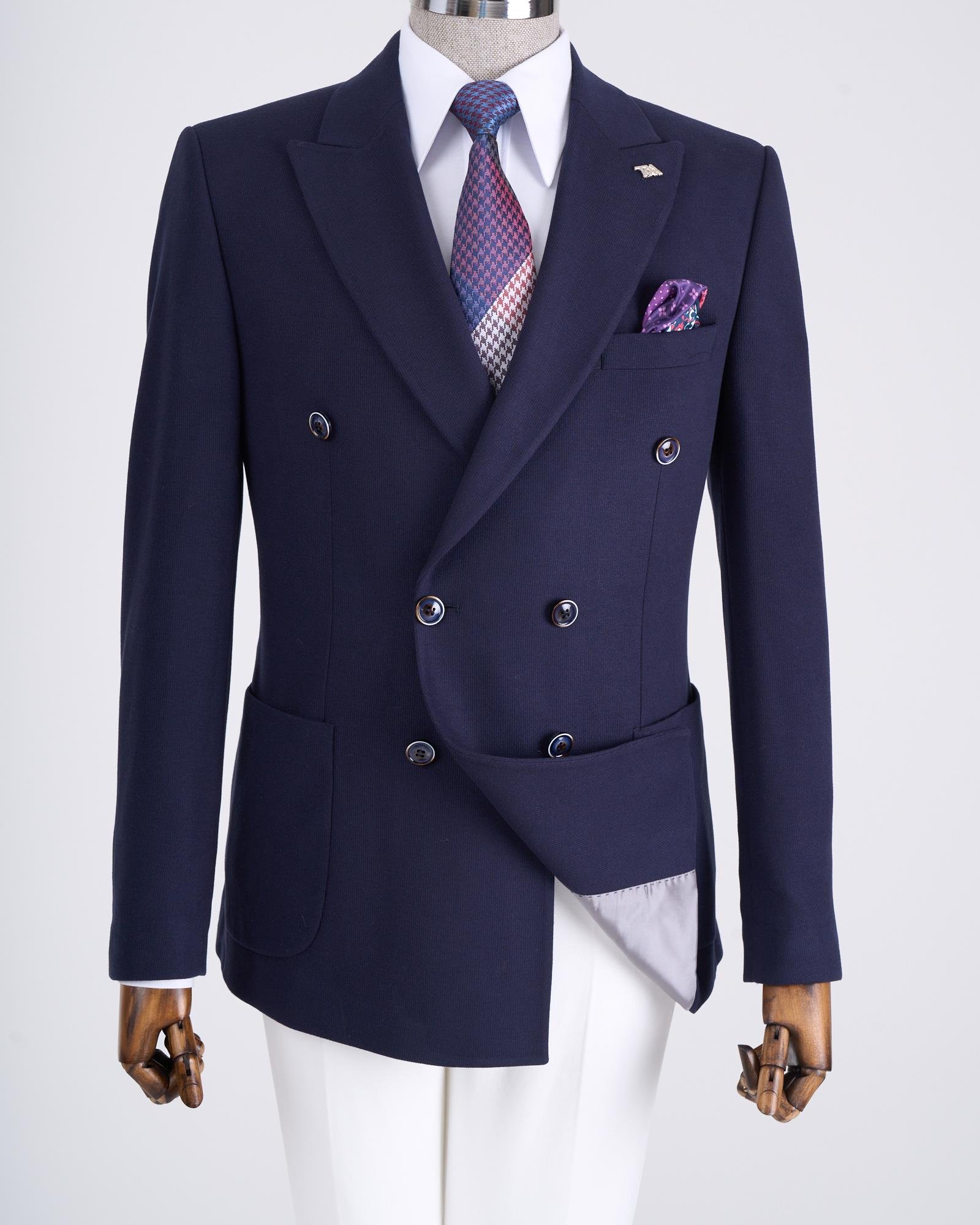 İtalyan stil slim fit kravuze erkek tek ceket lacivert T13338