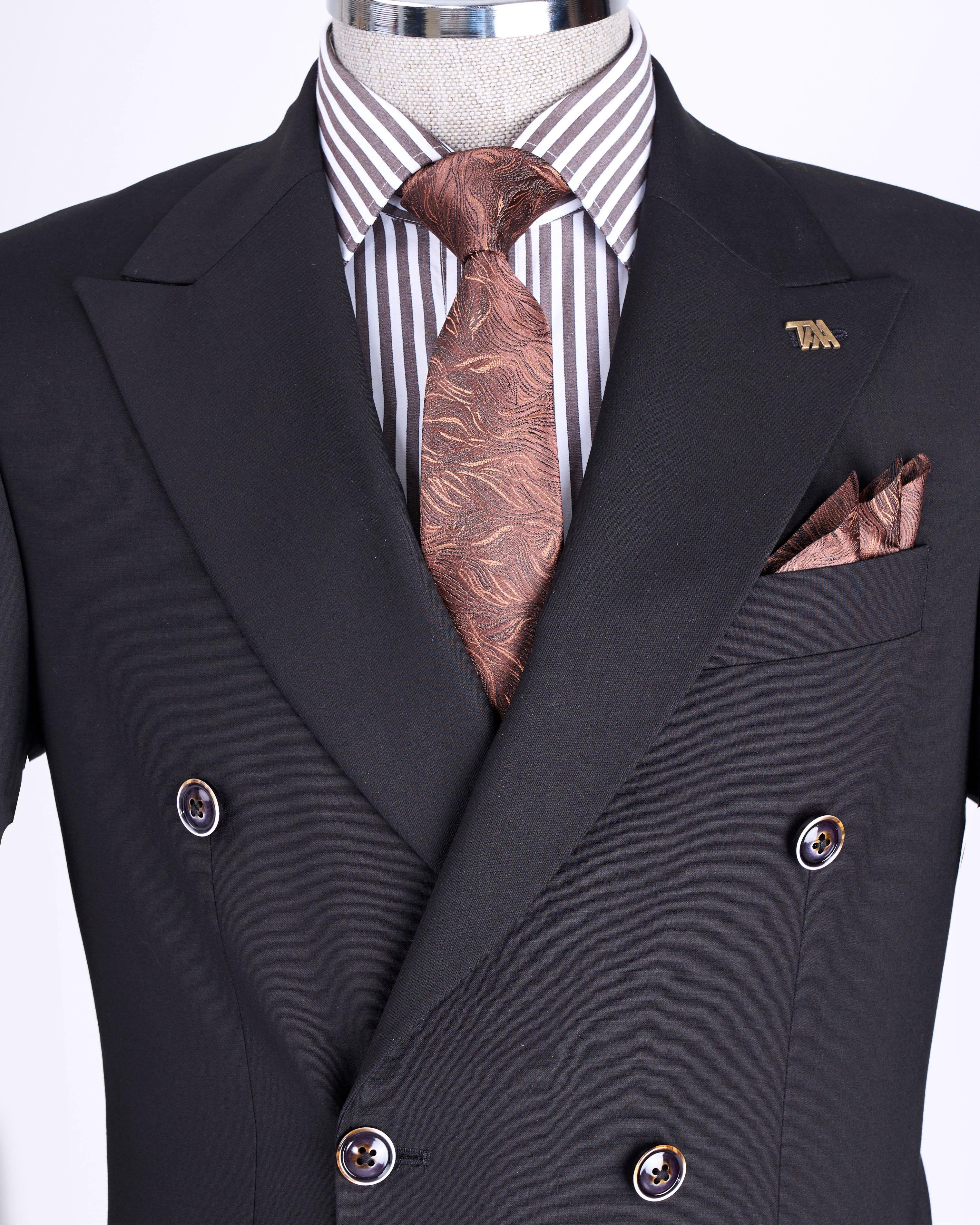İtalyan stil slim fit kruvaze ceket pantolon takım elbise Siyah T13524