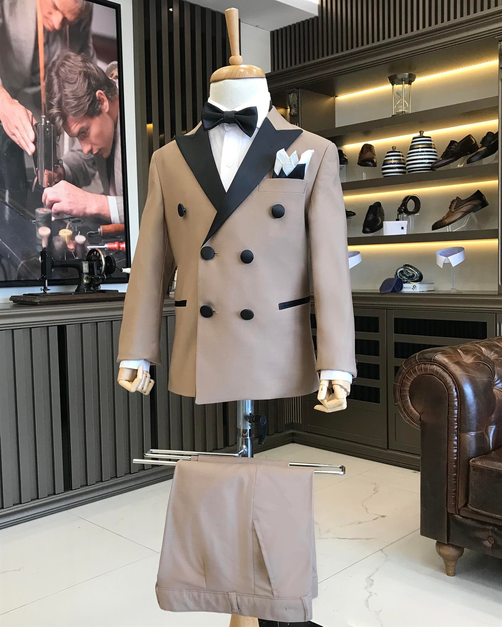 İtalyan stil slim fit kruvaze ceket pantolon çocuk smokin set vizon T8835