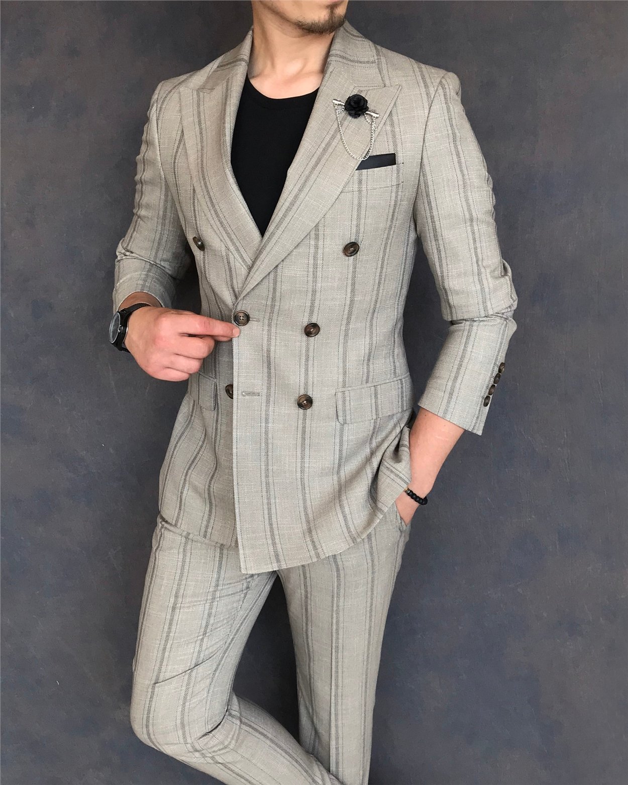 İtalyan stil slim fit kruvaze ceket pantolon takım elbise açık kahverengi T6081