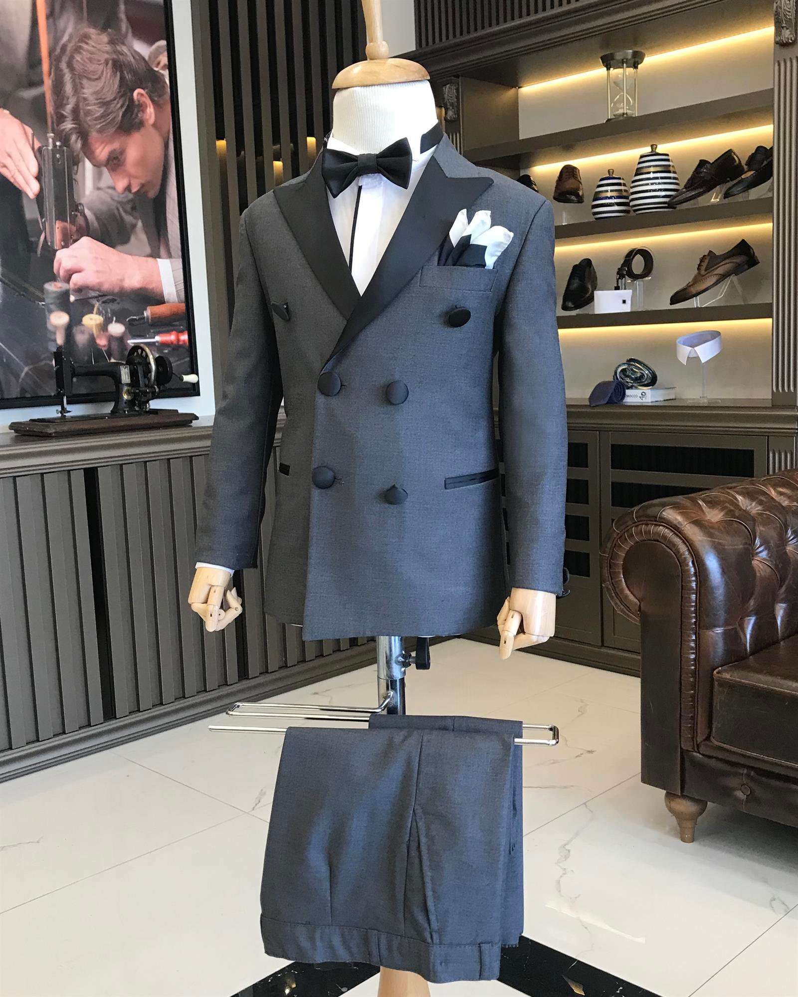 İtalyan stil slim fit kruvaze ceket pantolon çocuk smokin set antrasit T8828