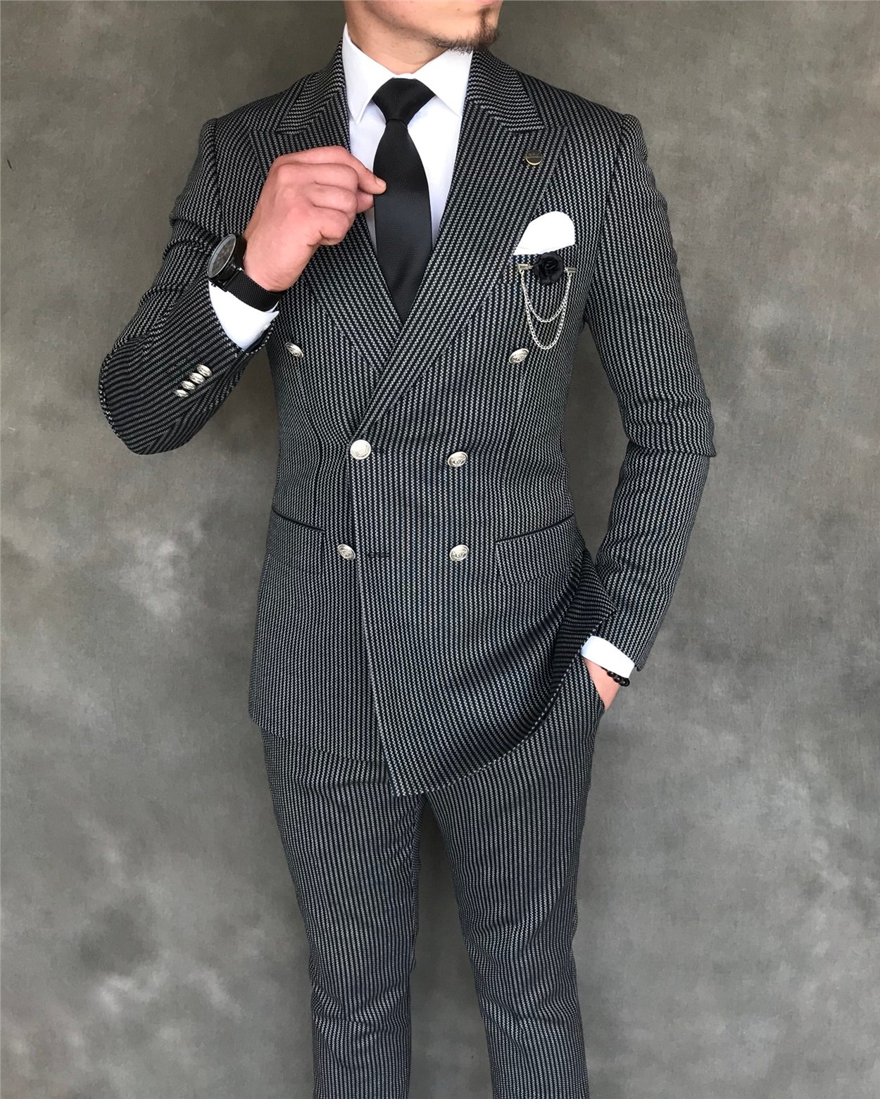 İtalyan stil slim fit kruvaze ceket pantolon takım elbise siyah T6084
