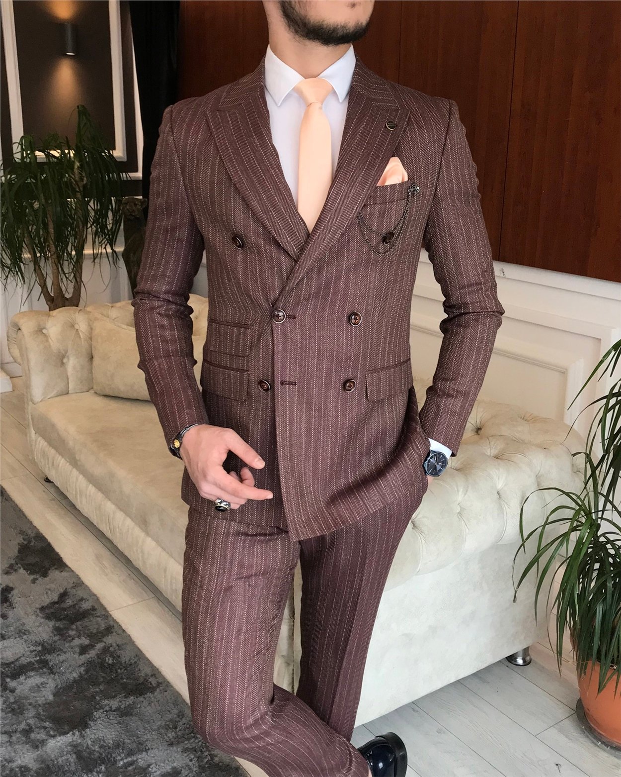 İtalyan stil slim fit kruvaze ceket pantolon takım elbise bordo T6485
