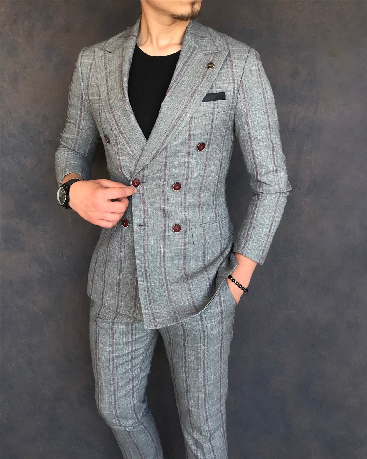 İtalyan stil slim fit kruvaze ceket pantolon takım elbise gri T6082