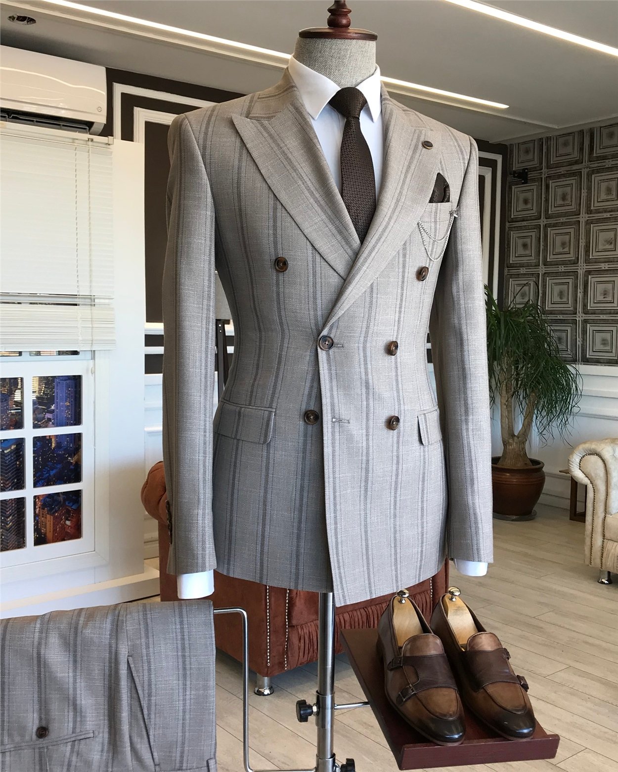 İtalyan stil slim fit kruvaze ceket pantolon takım elbise açık kahverengi T6081