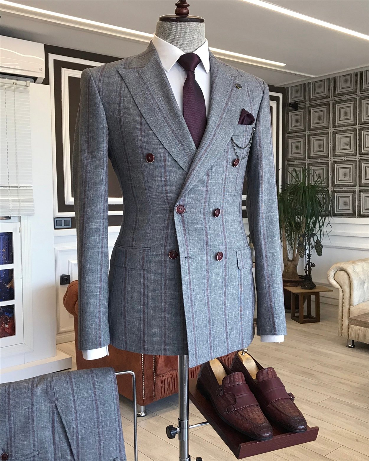 İtalyan stil slim fit kruvaze ceket pantolon takım elbise gri T6082