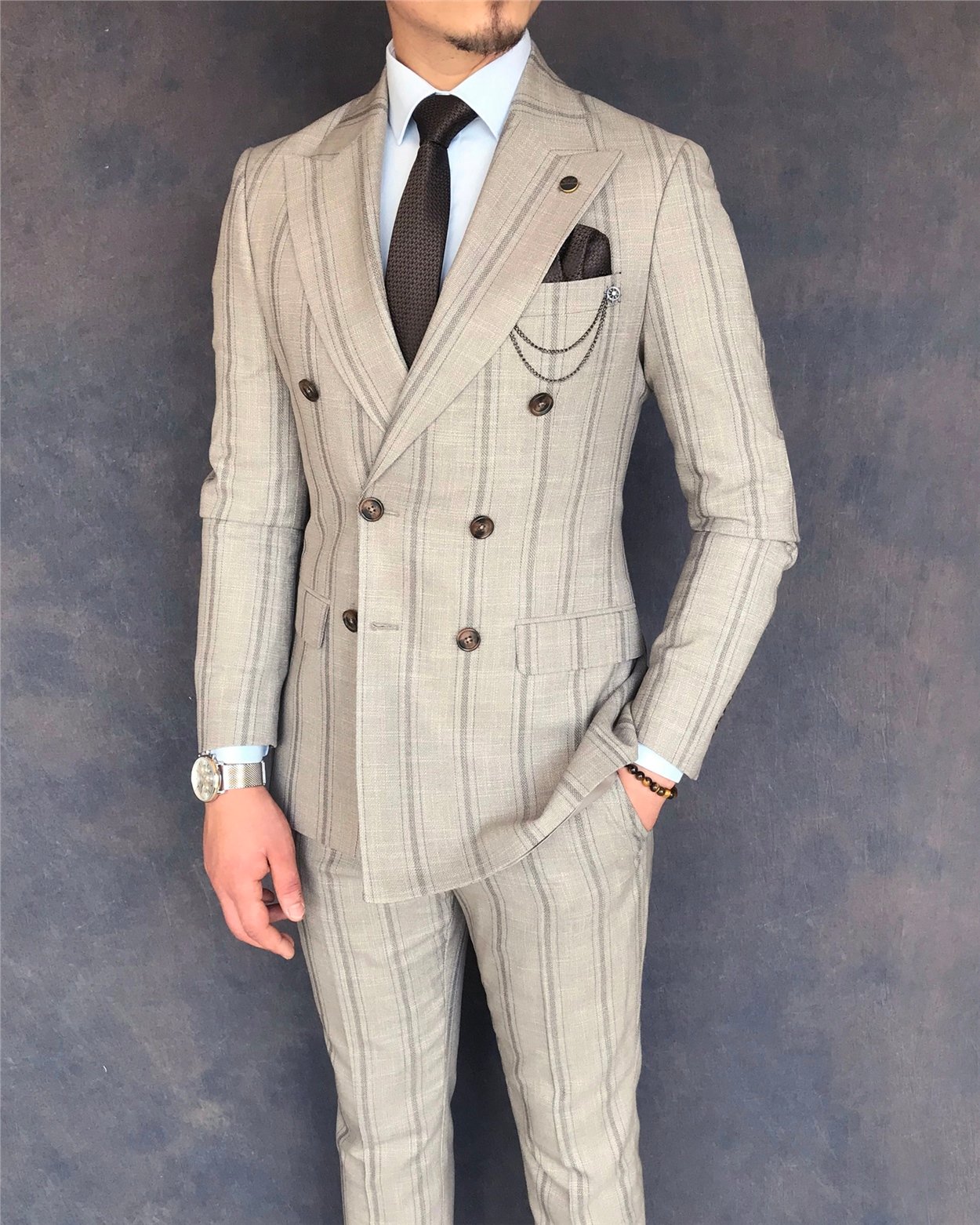 İtalyan stil slim fit kruvaze ceket pantolon takım elbise açık kahverengi T6081