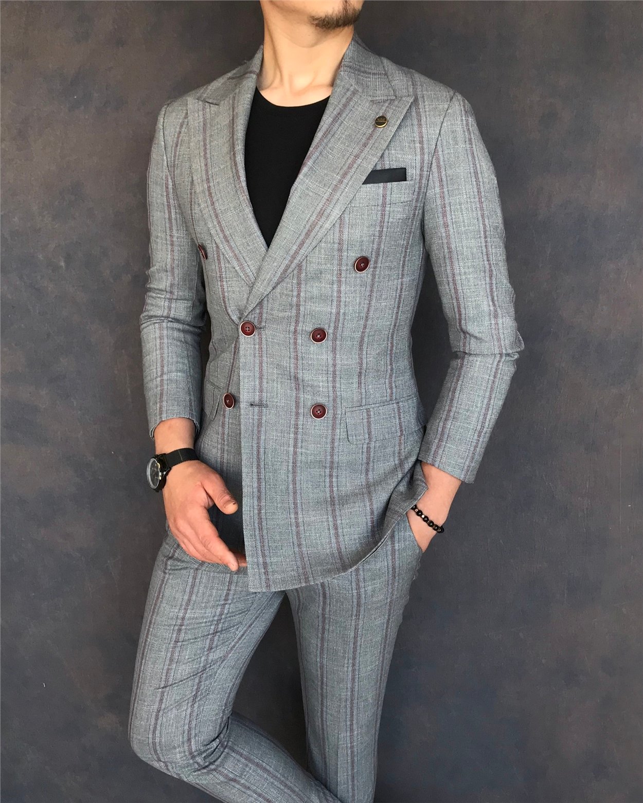İtalyan stil slim fit kruvaze ceket pantolon takım elbise gri T6082
