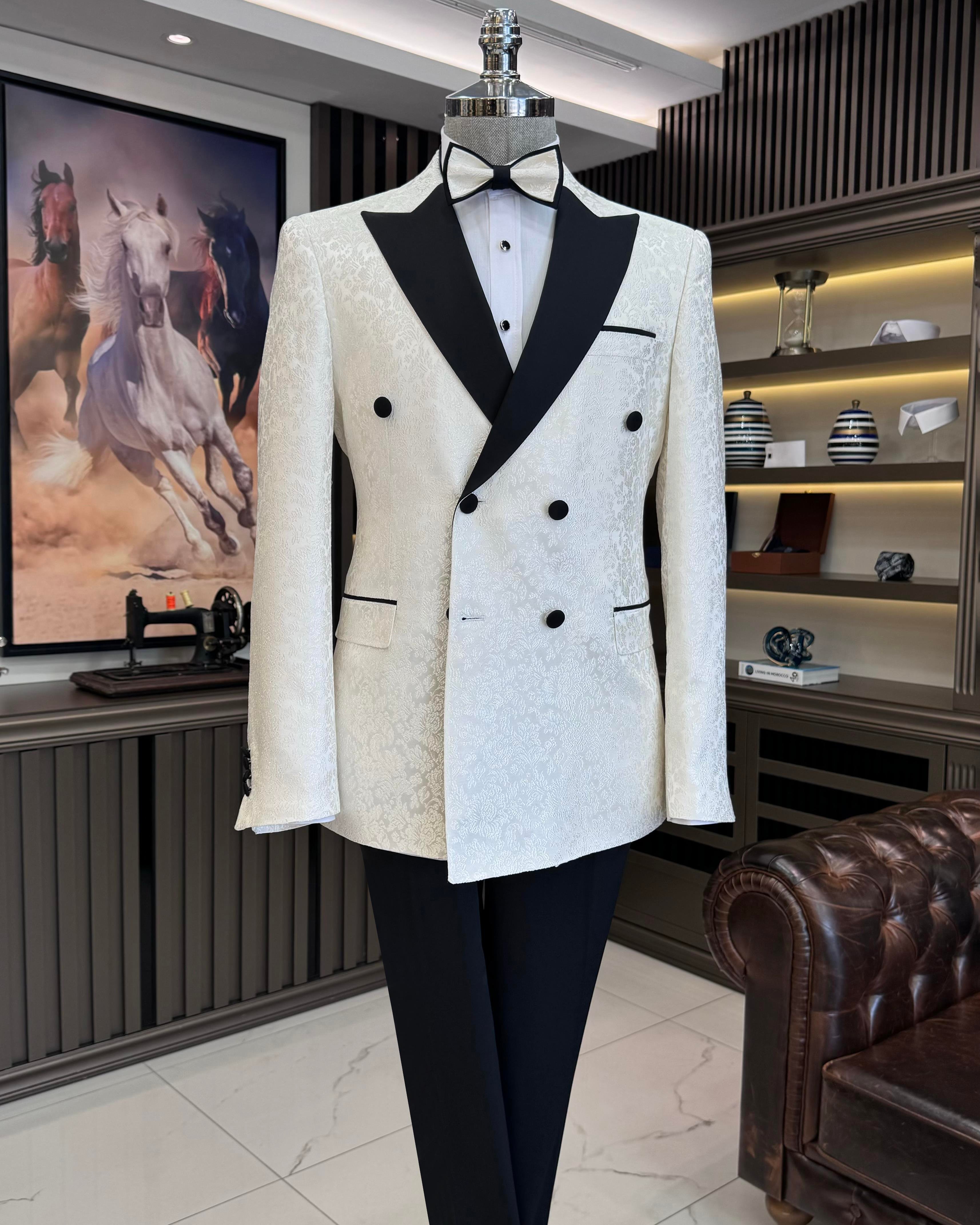 İtalyan stil slim fit kruvaze ceket pantolon damatlık set beyaz T11634