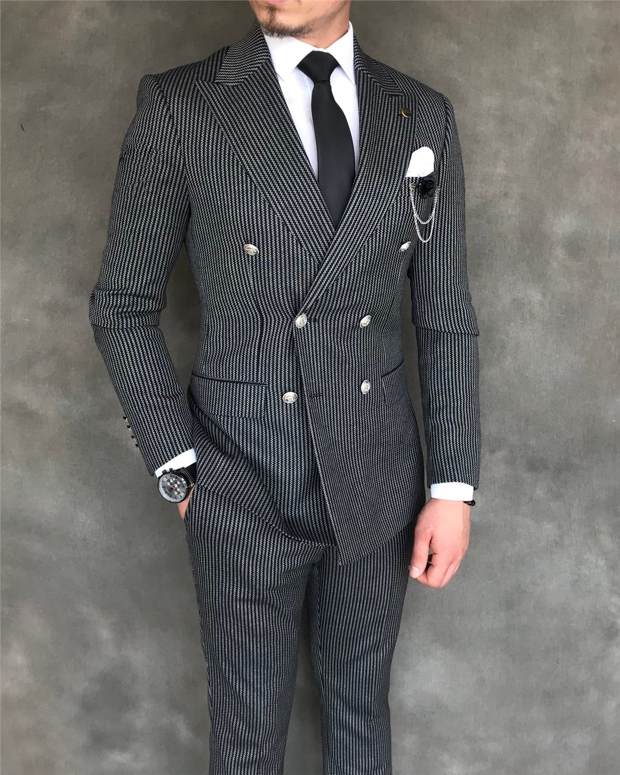 İtalyan stil slim fit kruvaze ceket pantolon takım elbise siyah T6084