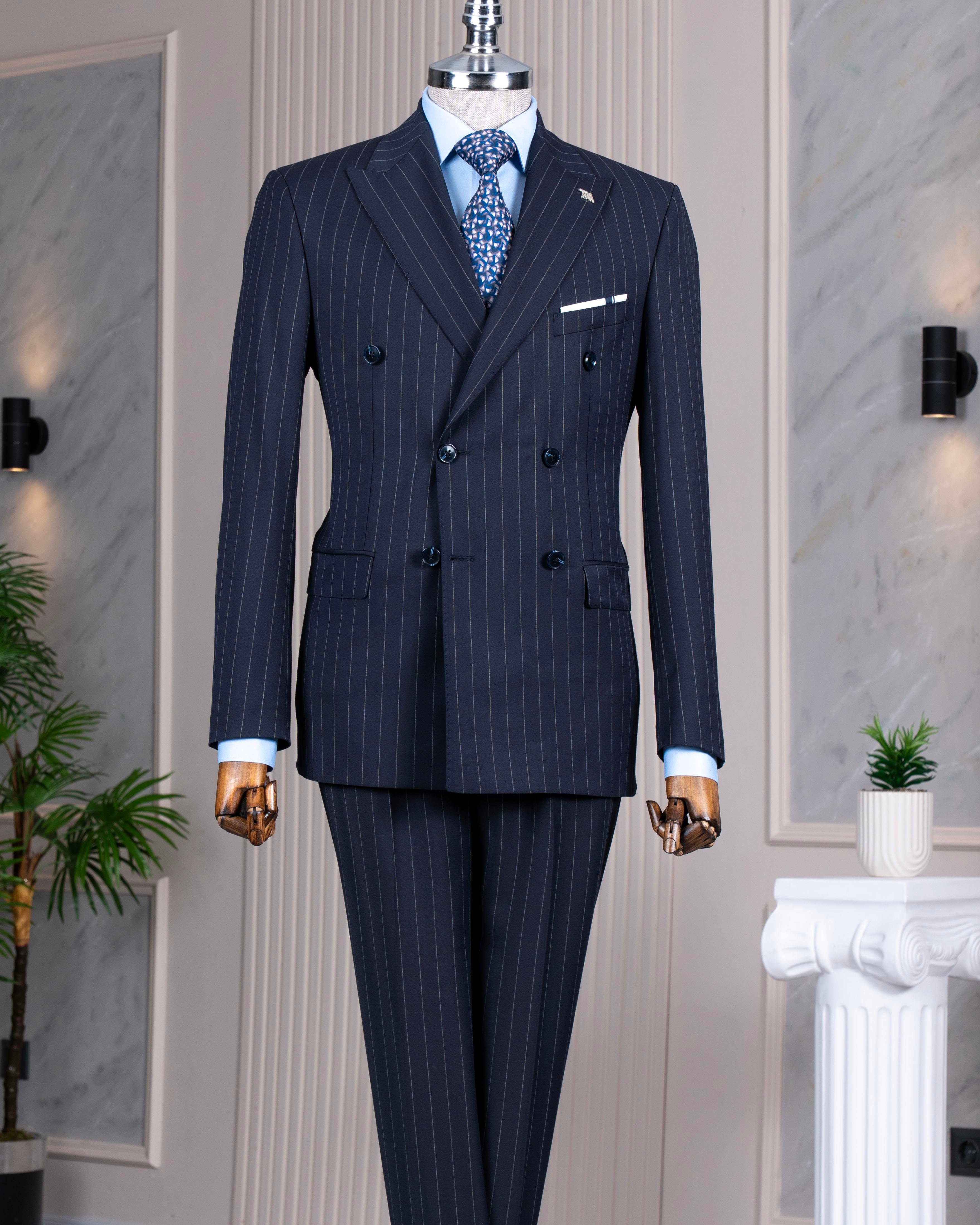 İtalyan stil kruvaze yün karışımlı ceket pantolon takım elbise lacivert T14322