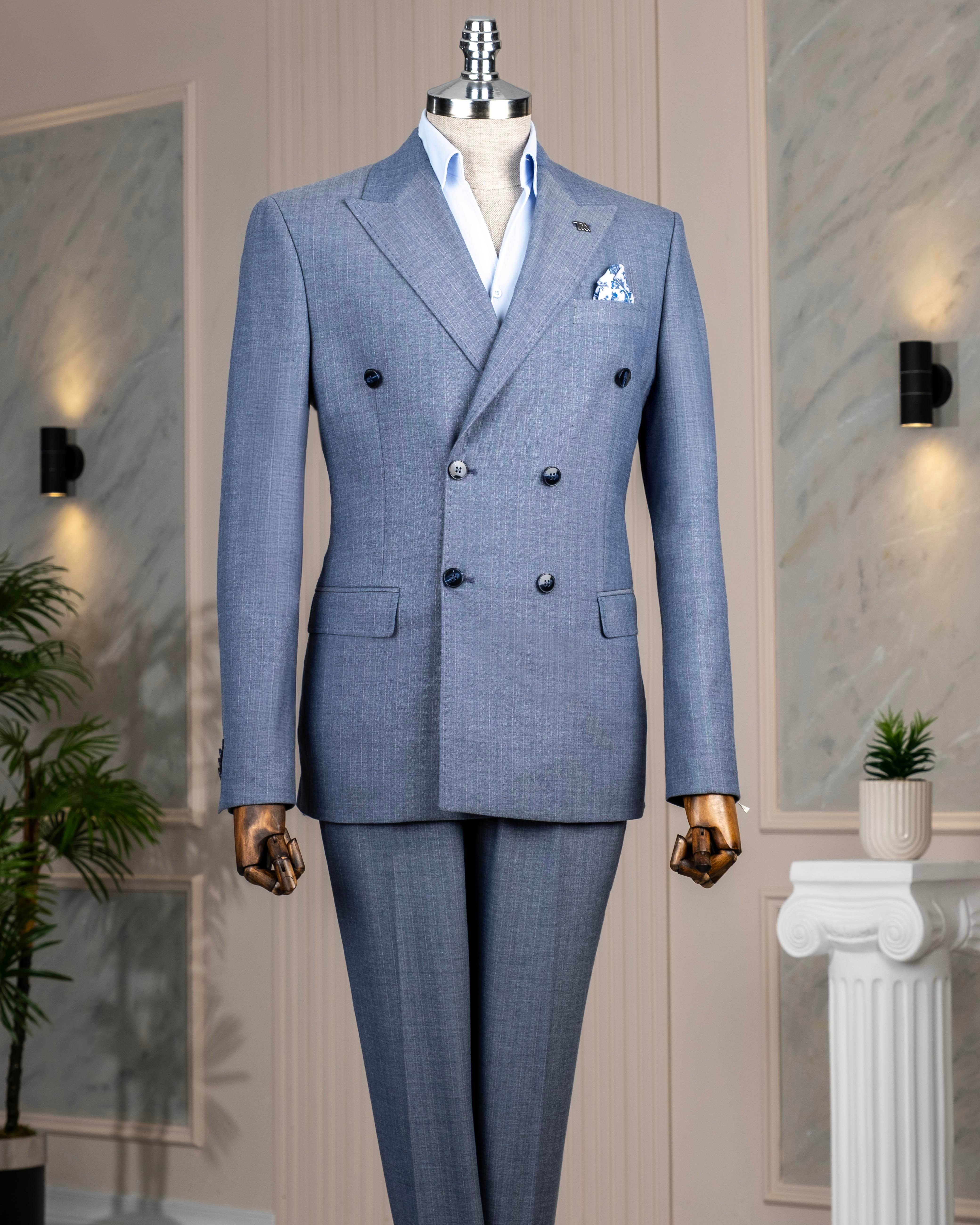 İtalyan stil slim fit kruvaze ceket pantolon takım elbise mavi T14467