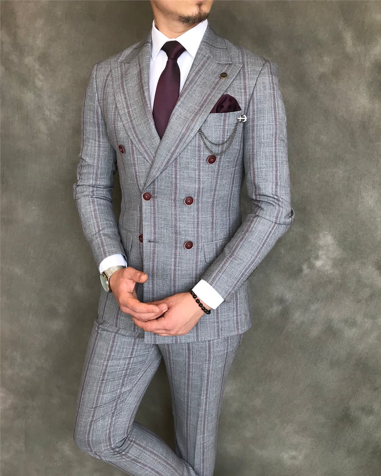İtalyan stil slim fit kruvaze ceket pantolon takım elbise gri T6082