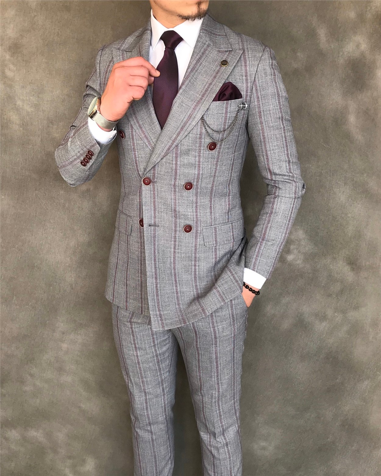İtalyan stil slim fit kruvaze ceket pantolon takım elbise gri T6082