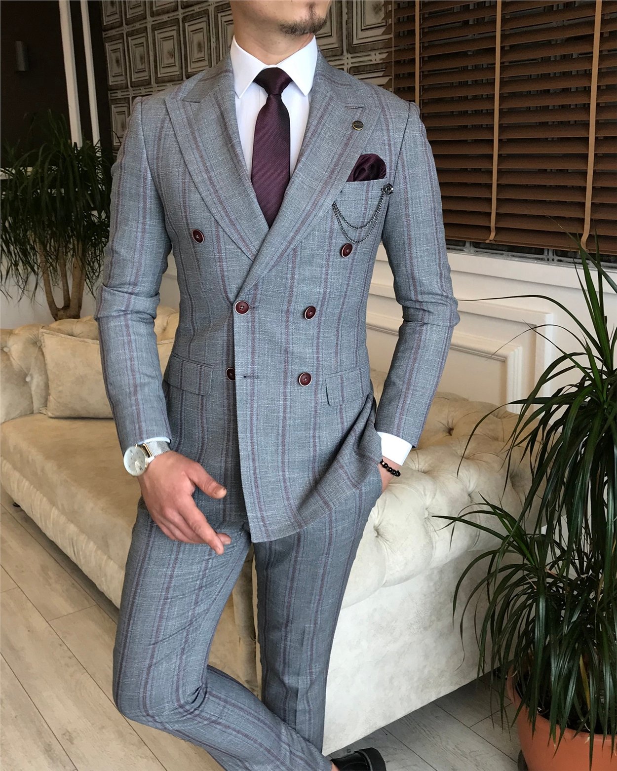 İtalyan stil slim fit kruvaze ceket pantolon takım elbise gri T6082