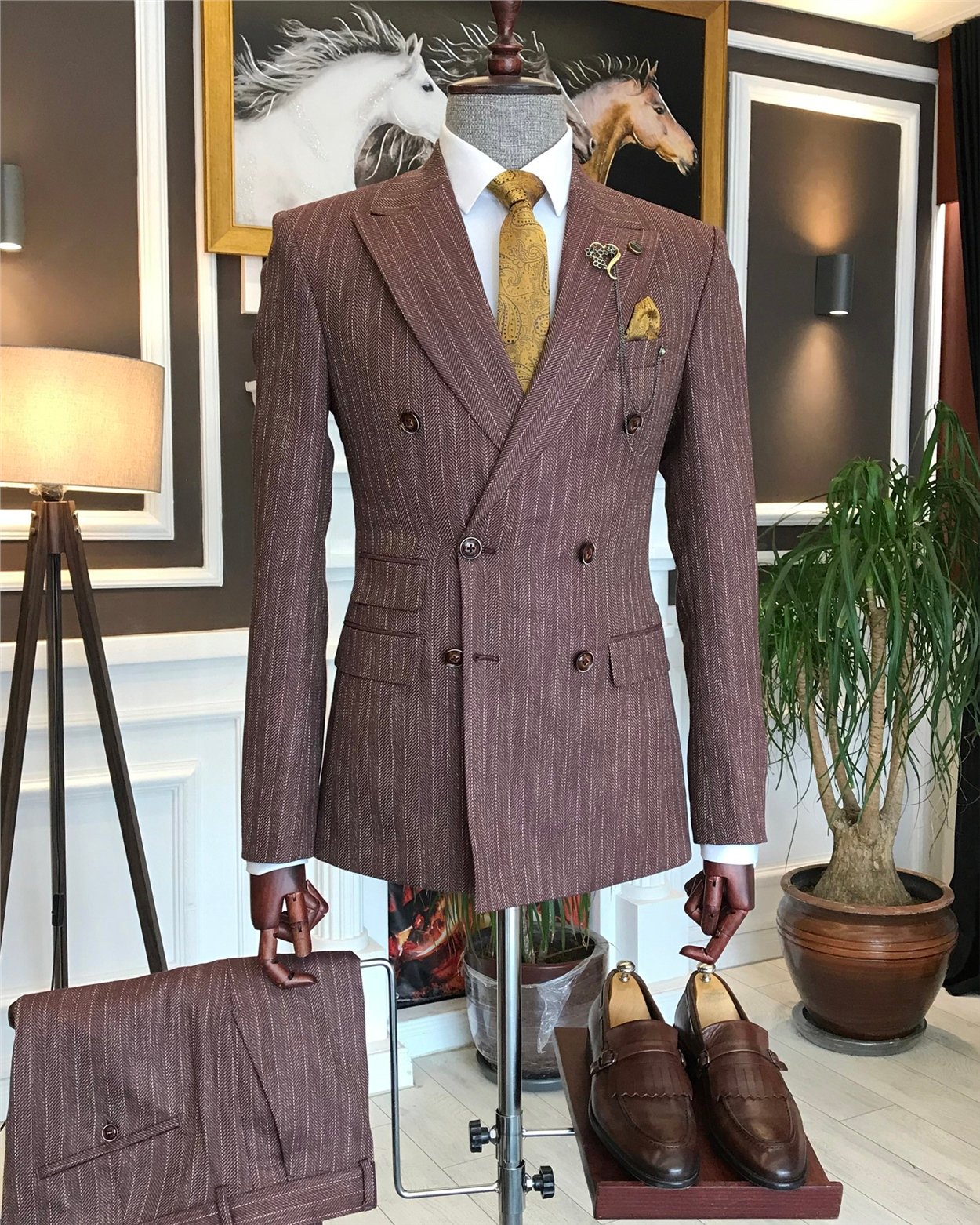 İtalyan stil slim fit kruvaze ceket pantolon takım elbise bordo T6485