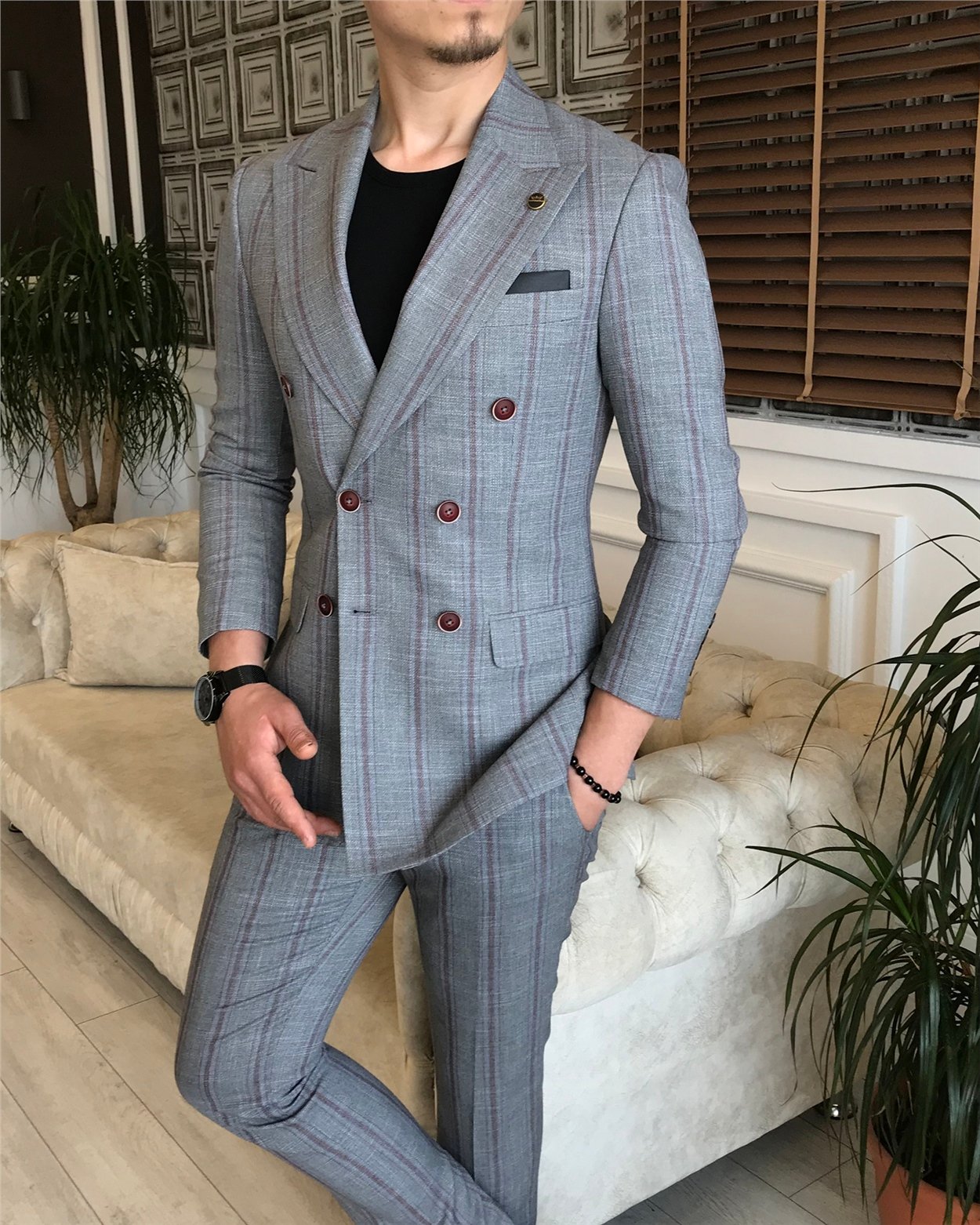 İtalyan stil slim fit kruvaze ceket pantolon takım elbise gri T6082