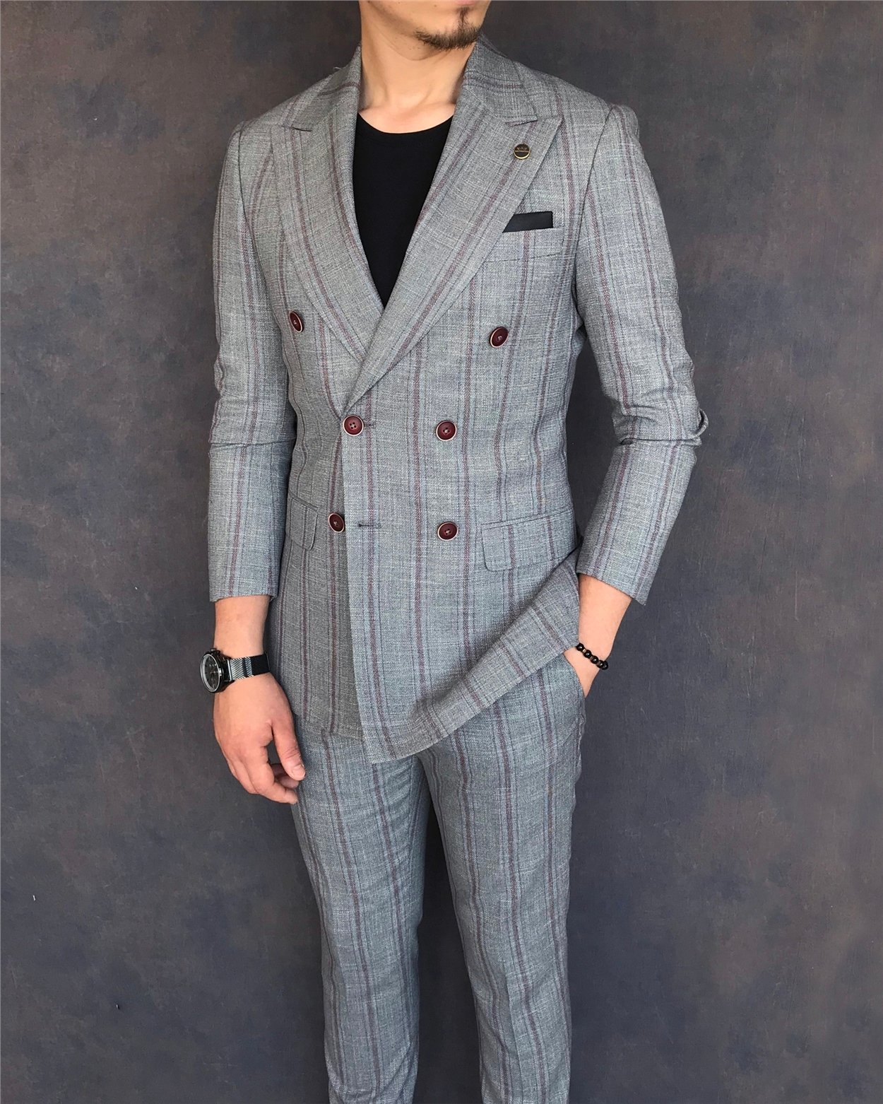 İtalyan stil slim fit kruvaze ceket pantolon takım elbise gri T6082
