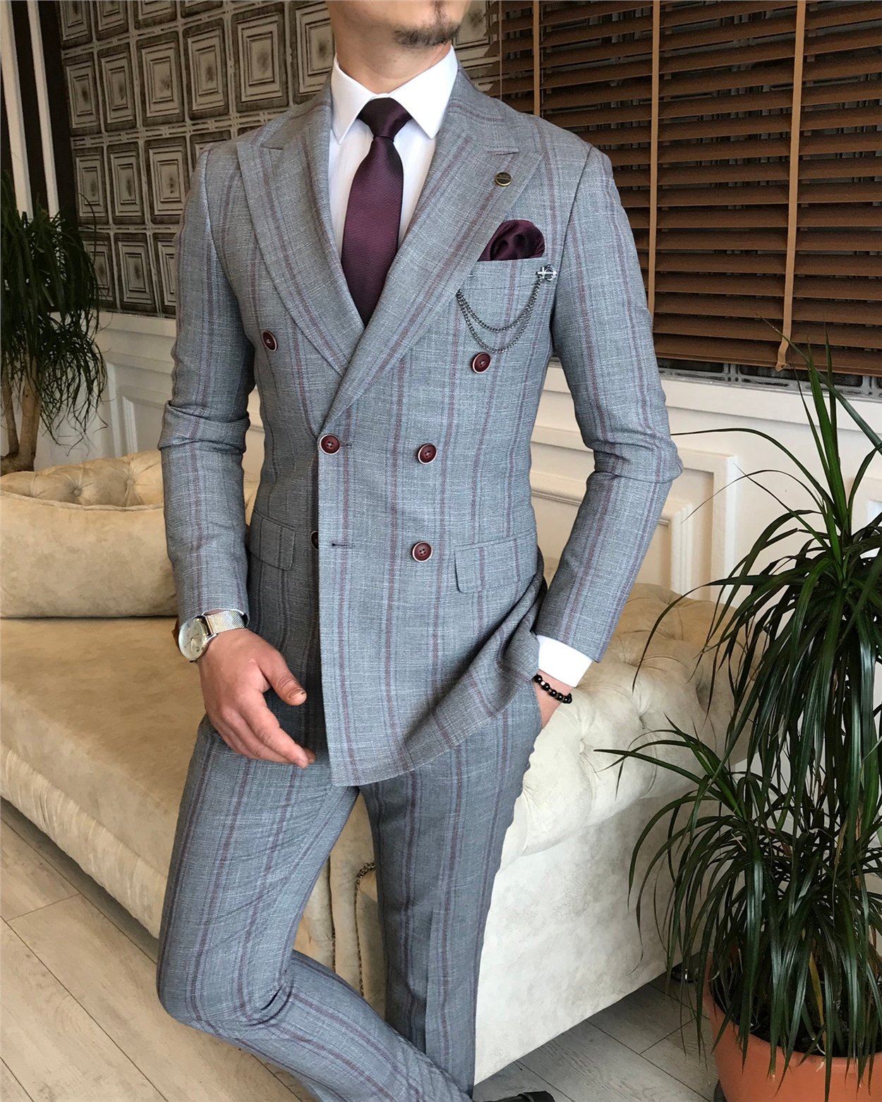 İtalyan stil slim fit kruvaze ceket pantolon takım elbise gri T6082