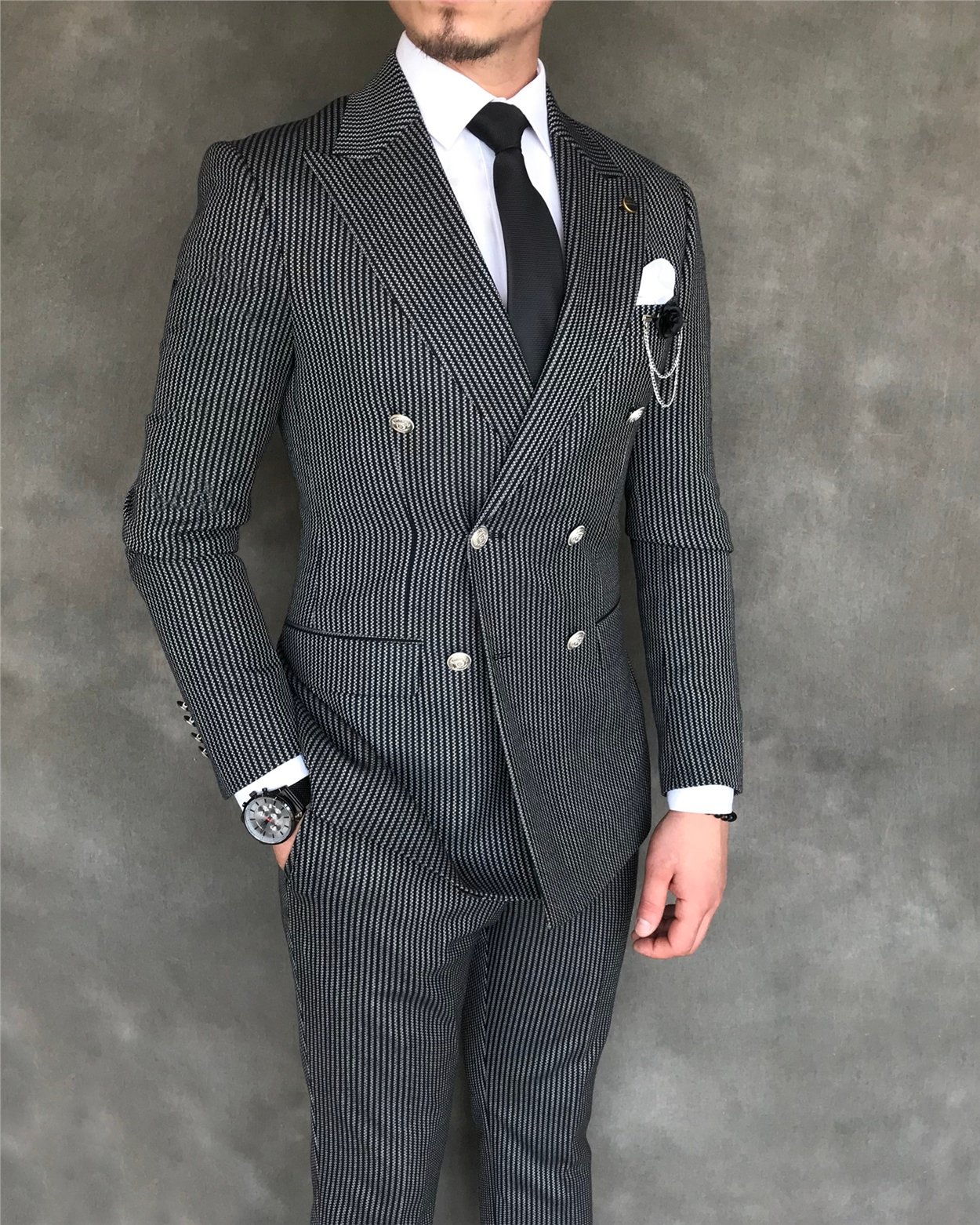 İtalyan stil slim fit kruvaze ceket pantolon takım elbise siyah T6084