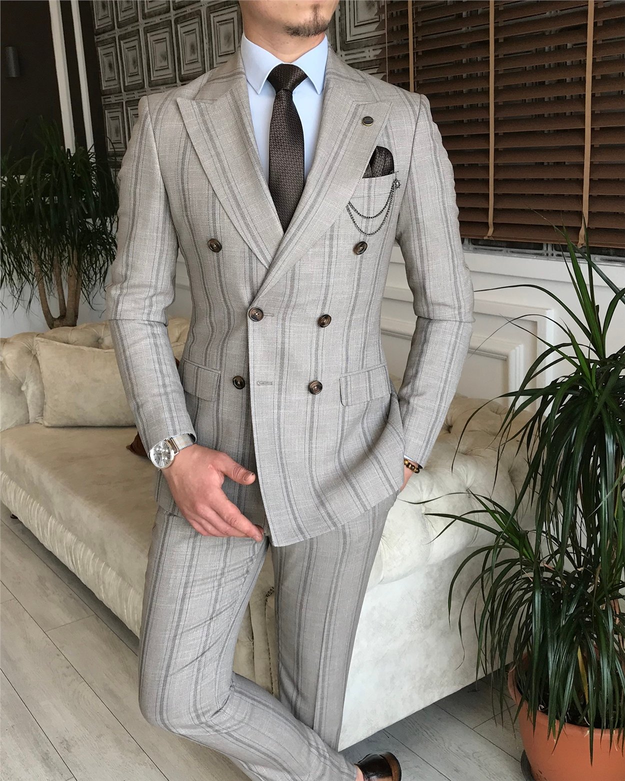 İtalyan stil slim fit kruvaze ceket pantolon takım elbise açık kahverengi T6081