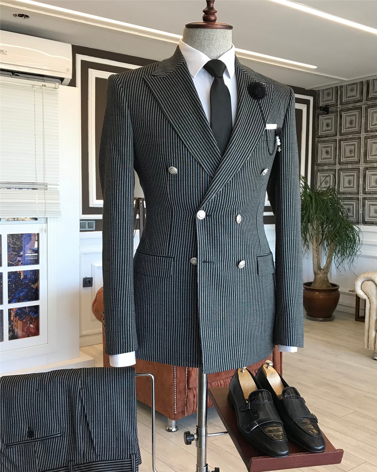 İtalyan stil slim fit kruvaze ceket pantolon takım elbise siyah T6084