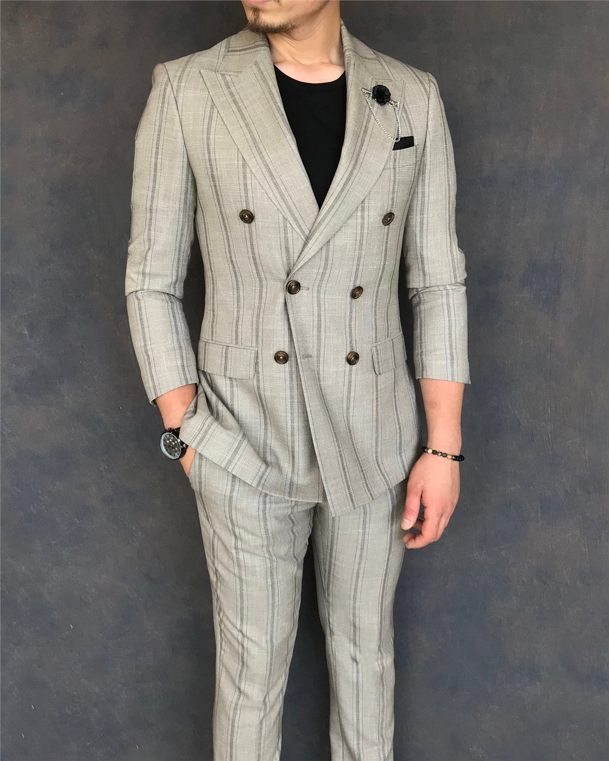 İtalyan stil slim fit kruvaze ceket pantolon takım elbise açık kahverengi T6081