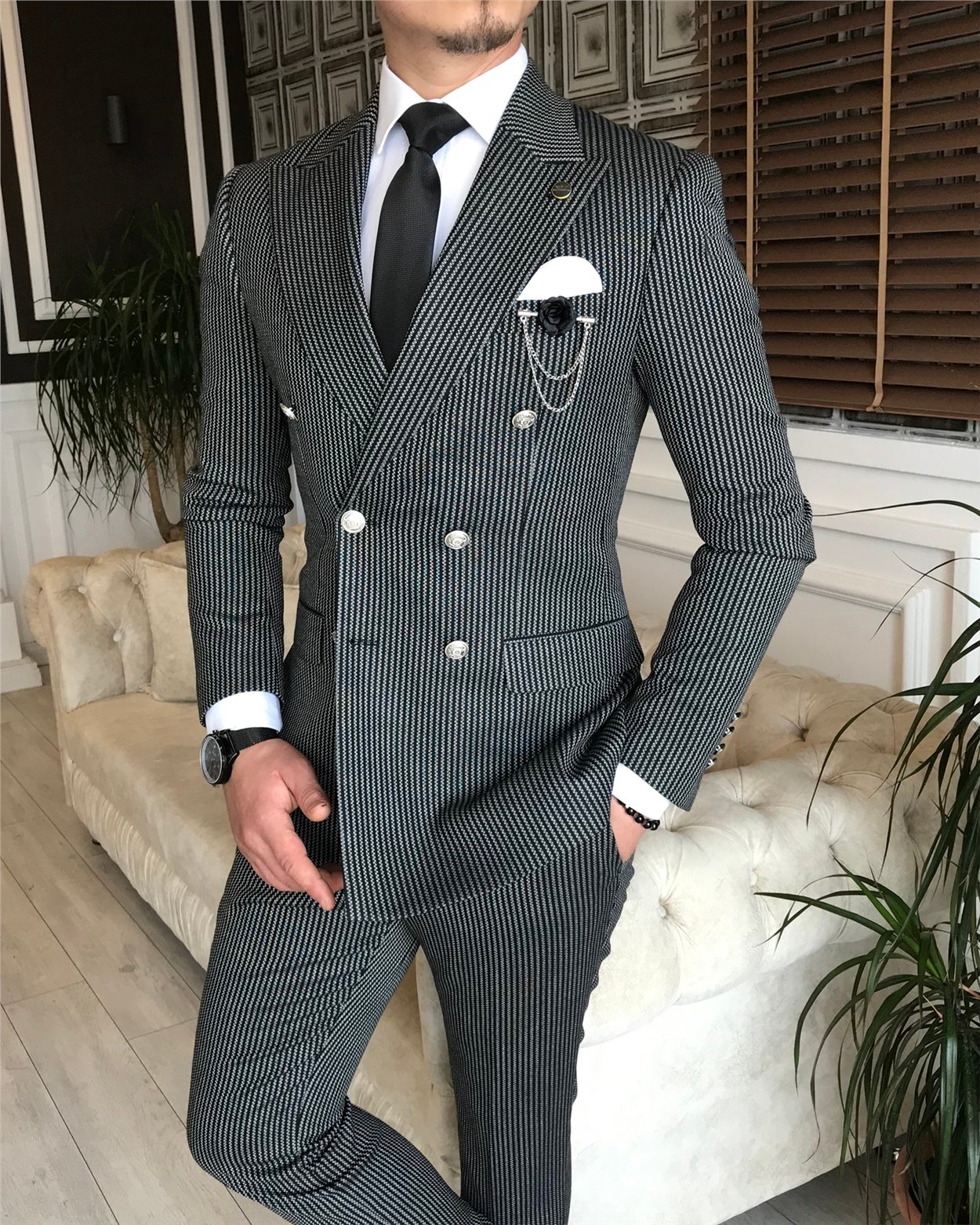 İtalyan stil slim fit kruvaze ceket pantolon takım elbise siyah T6084