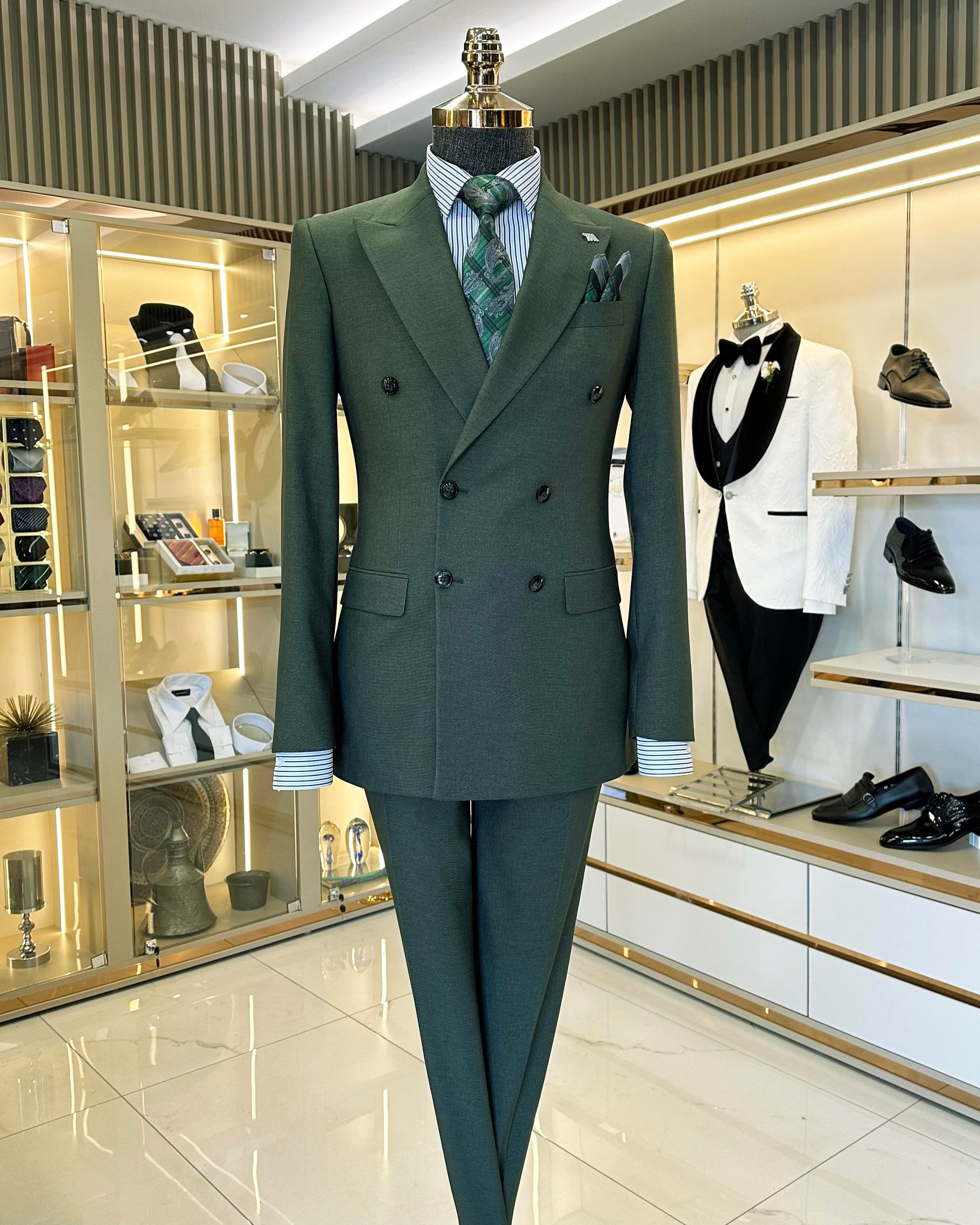 İtalyan stil slim fit kruvaze ceket pantolon takım elbise yeşil T11362