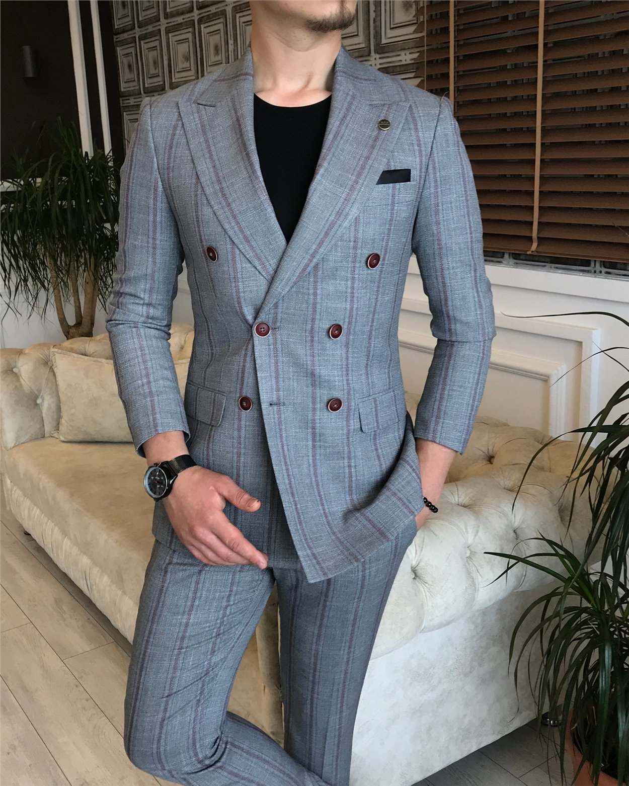 İtalyan stil slim fit kruvaze ceket pantolon takım elbise gri T6082