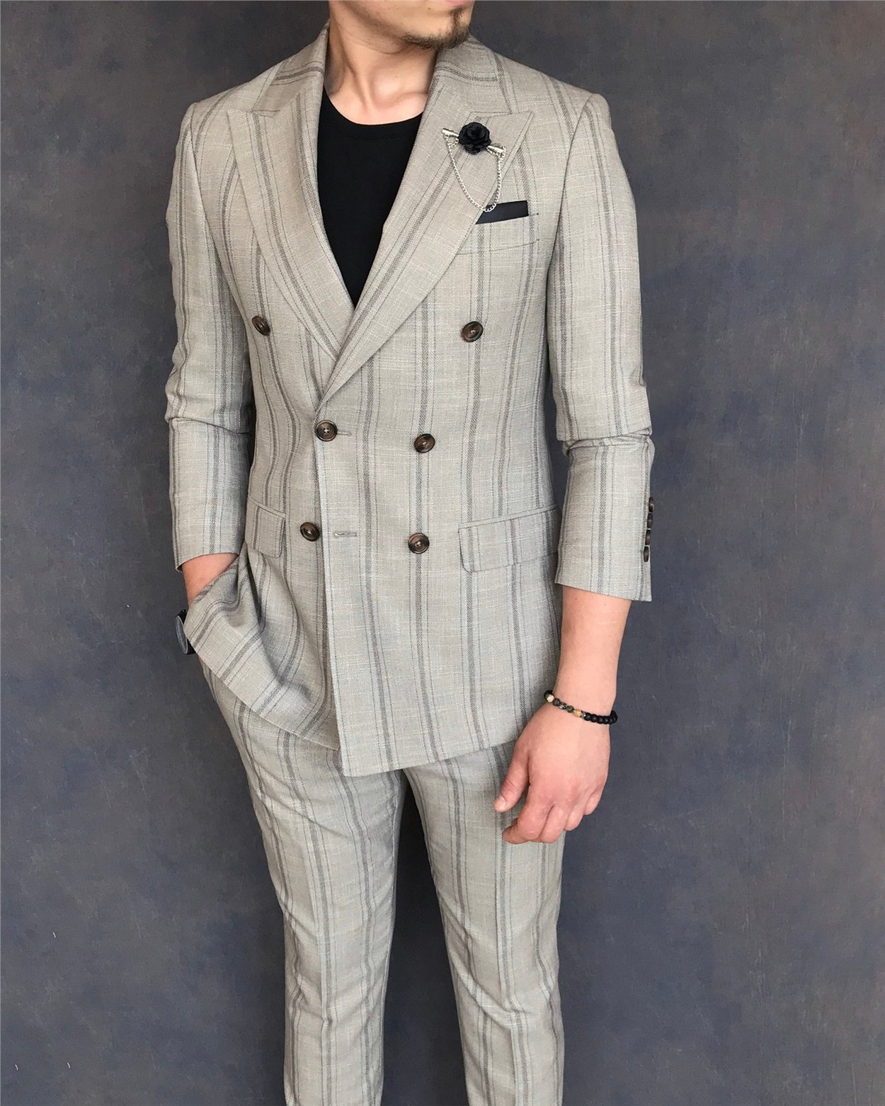 İtalyan stil slim fit kruvaze ceket pantolon takım elbise açık kahverengi T6081